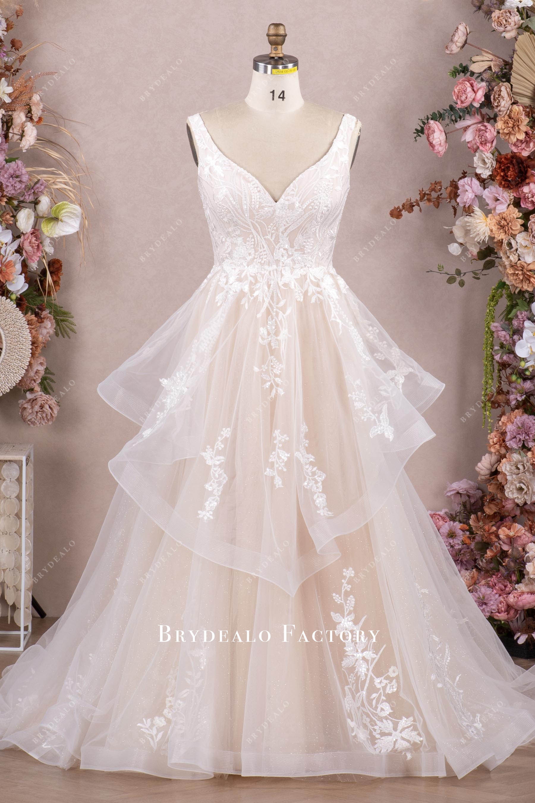 shimmery Aline ruffled tulle lace wedding gown