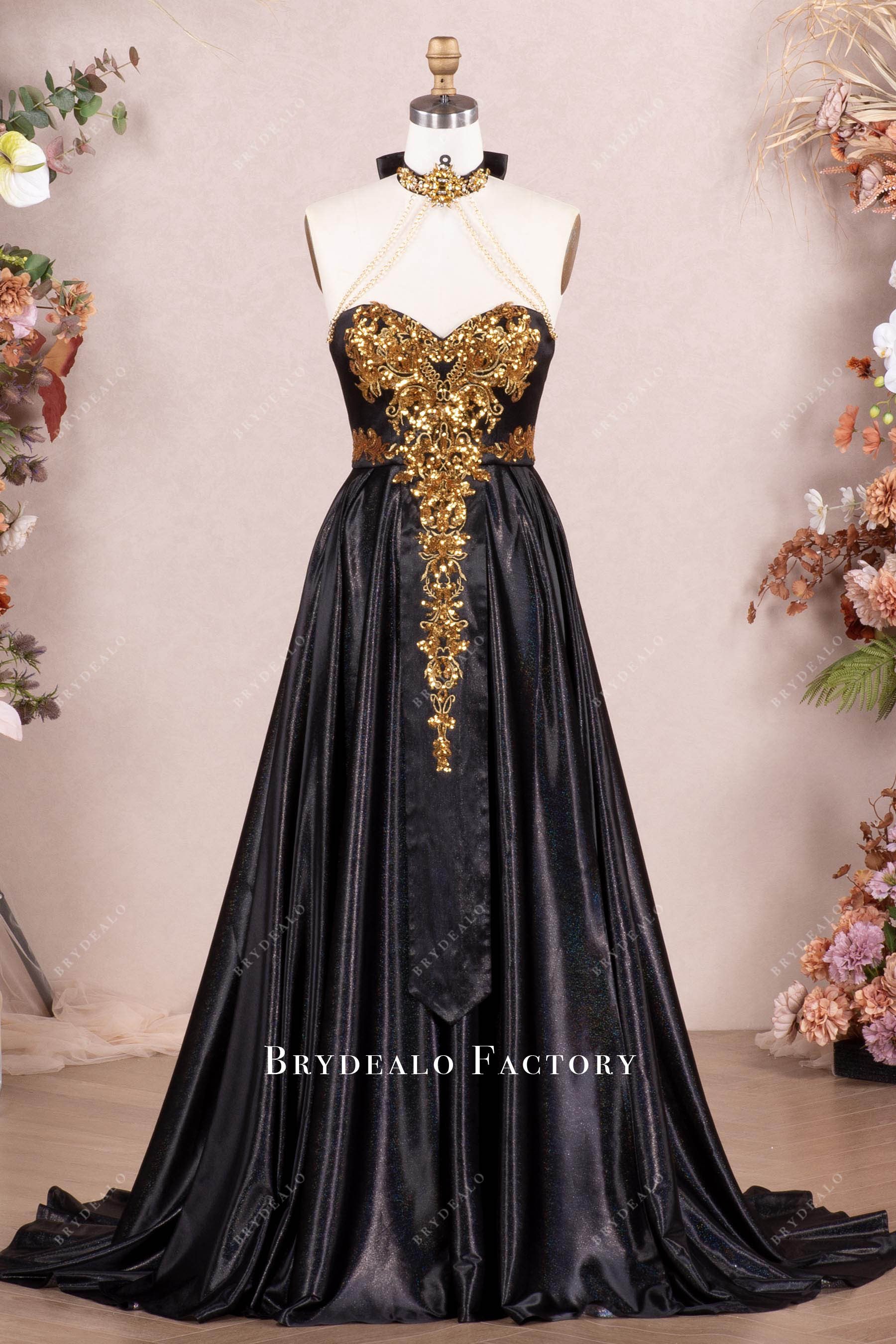 Dramatic Gold Black Shimmery Gold Applique Choker Prom Dress Dramatic Gold Black Shimmery Gold Applique Choker Prom Dress