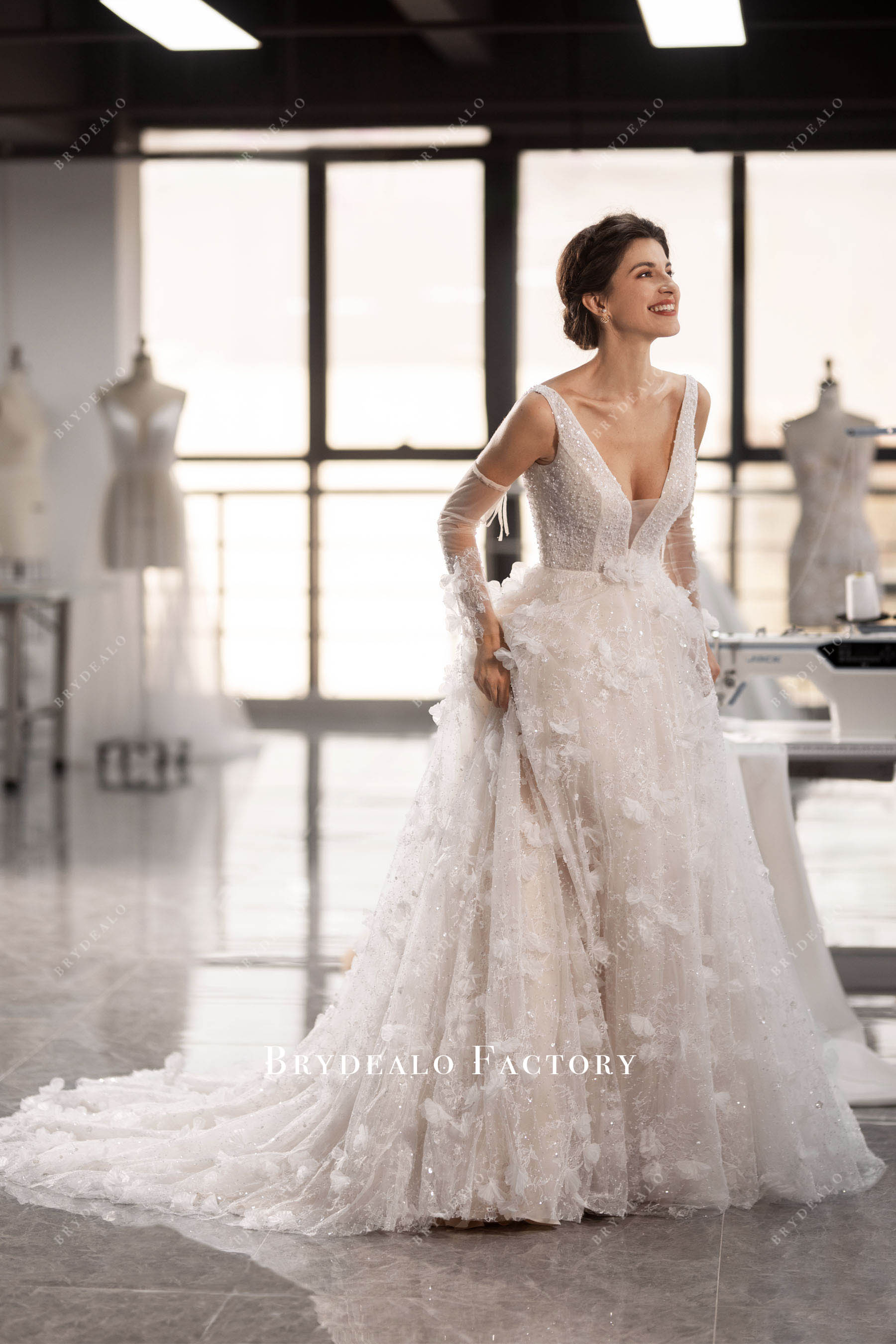 shimmery flower lace Aline wedding dress