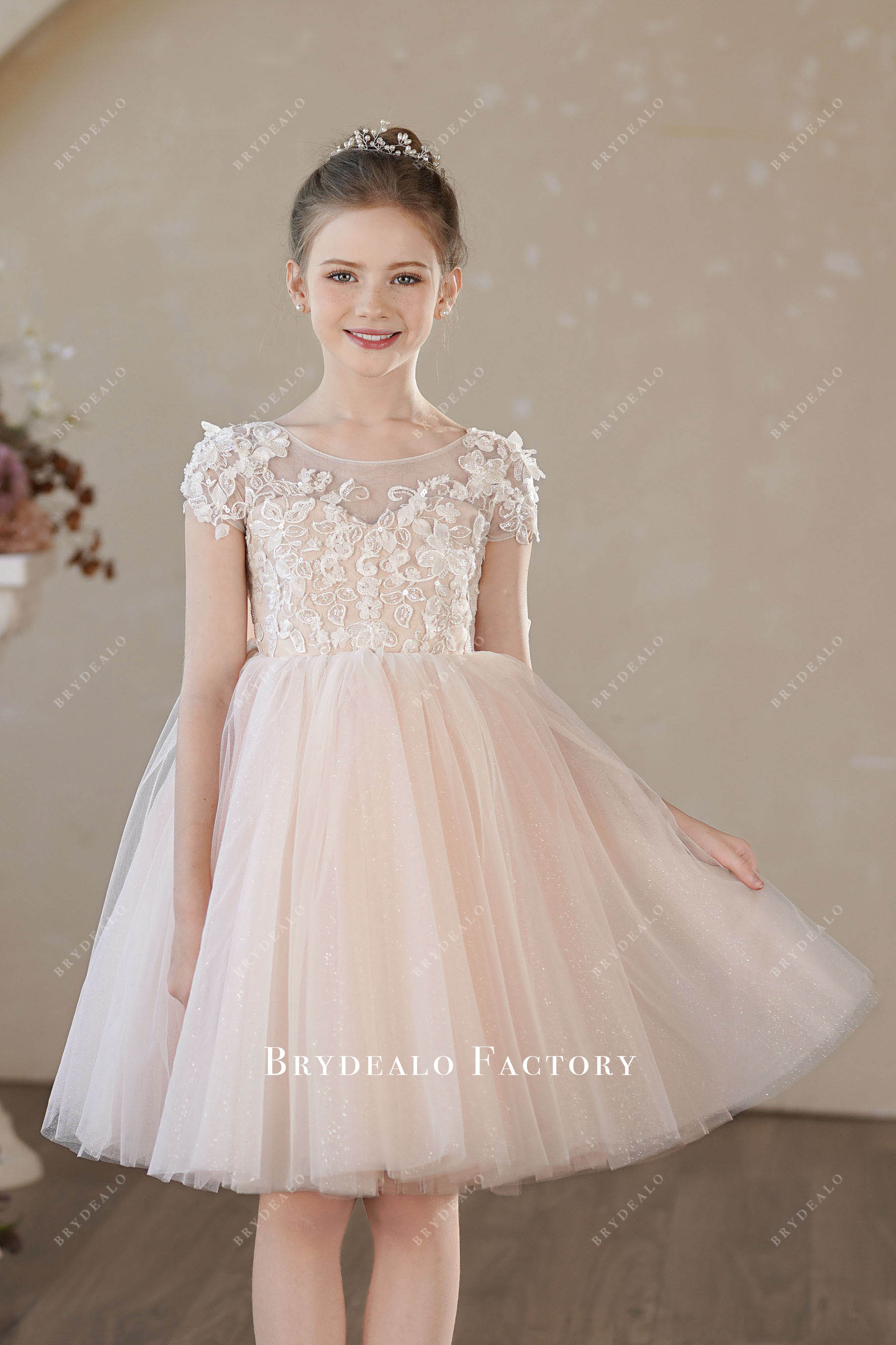 Luxury Beaded Flower Lace Shimmery Tulle Flower Girl Dress