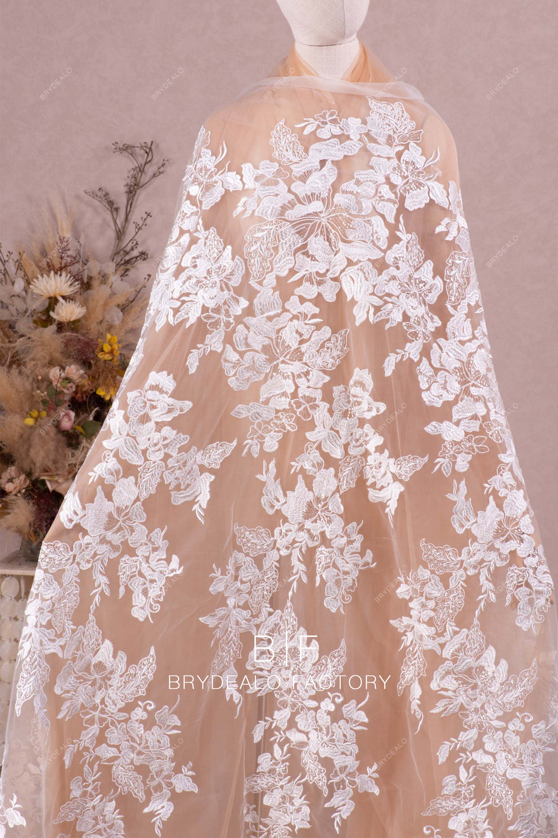Clear Sequin Large Flower Motif Lace Fabric Clear Sequin Large Flower Motif Lace Fabric