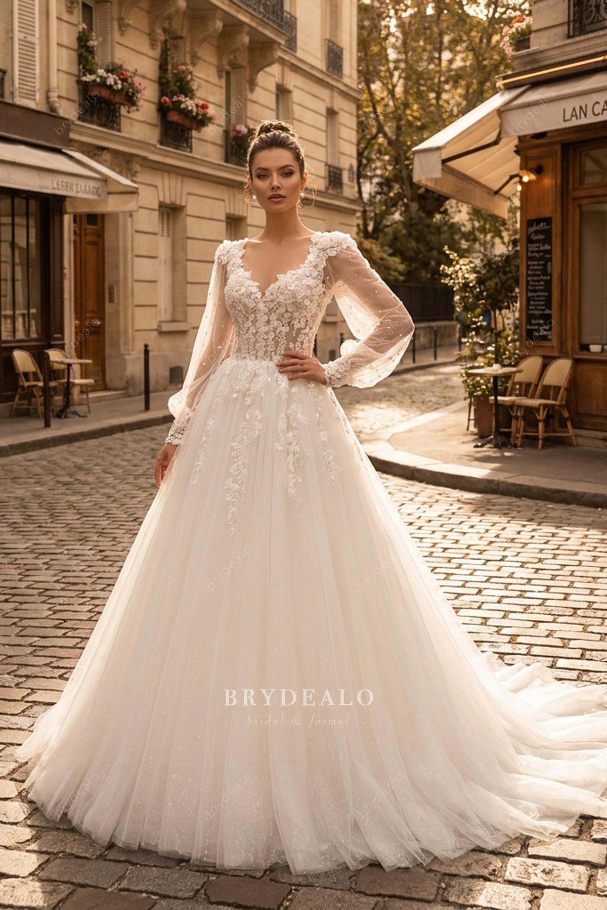 shimmery sleeved lace wedding dress