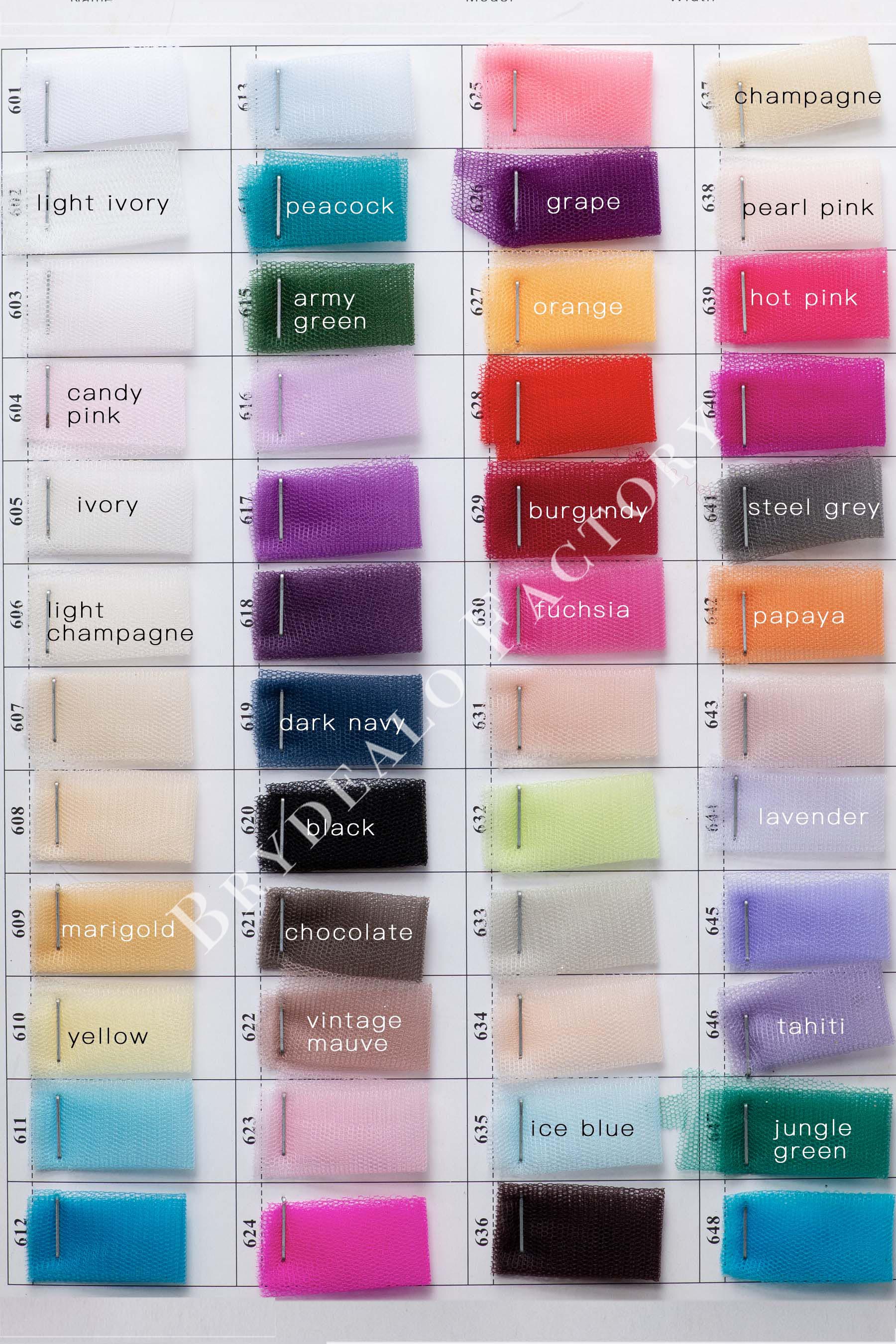Shimmery Soft Tulle Fabric Color Chart | 90+ Colors