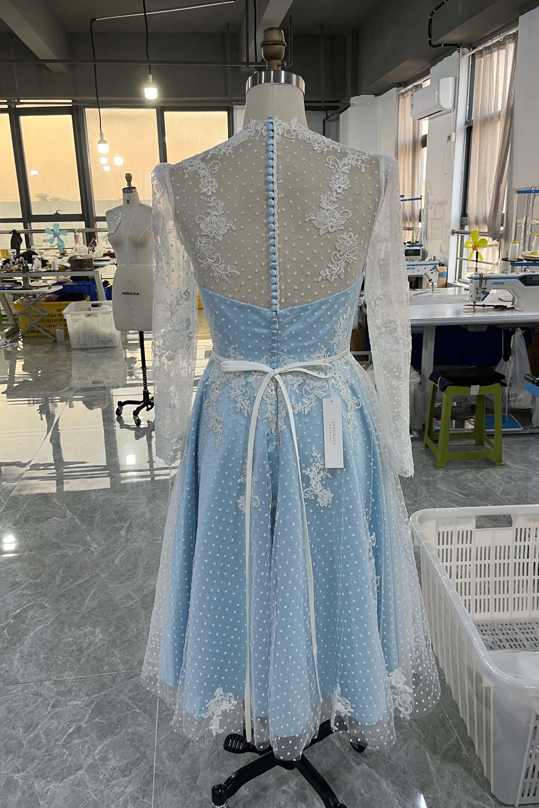short blue sleeved wedding dress