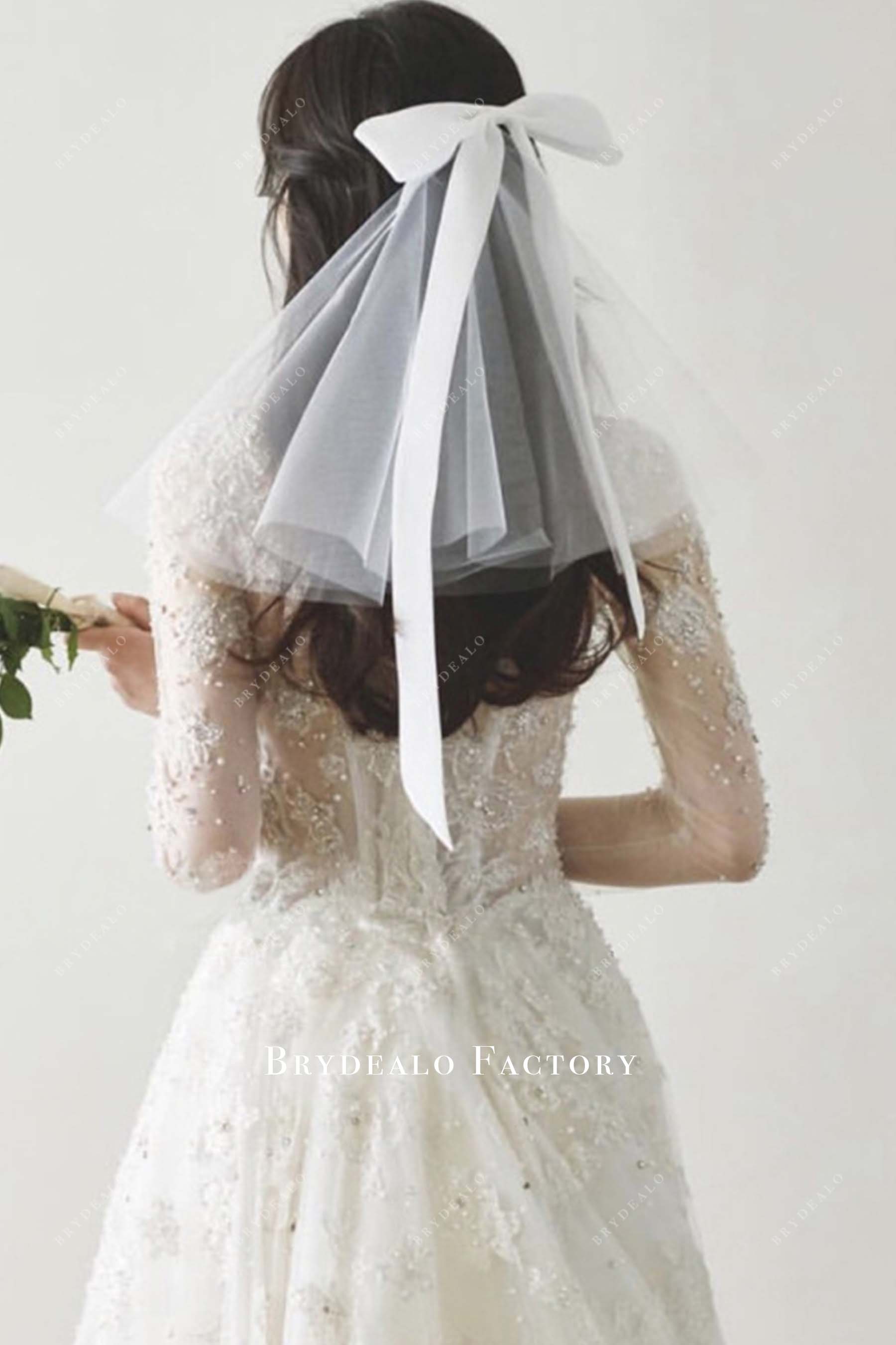 Pretty Raw Cut Tulle Satin Short Bow Veil