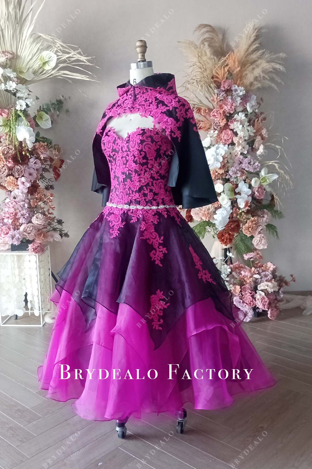 Private Label Custom Fuchsia Lace Organza Black Satin Cloak Hood Dress