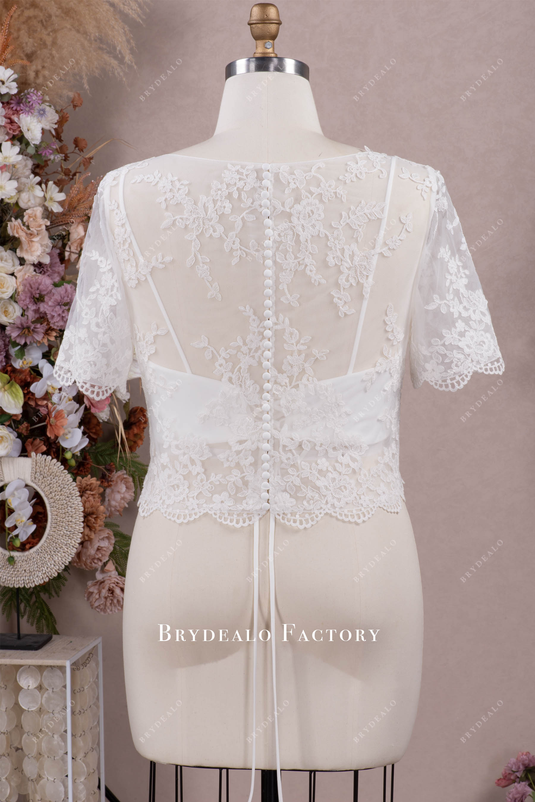 short sleeve flower lace bridal top