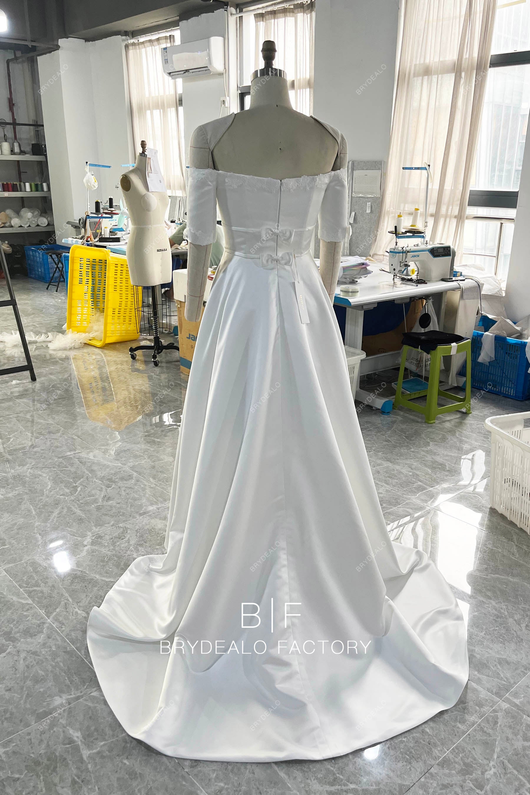short sleeve sweep train satin wedding dress