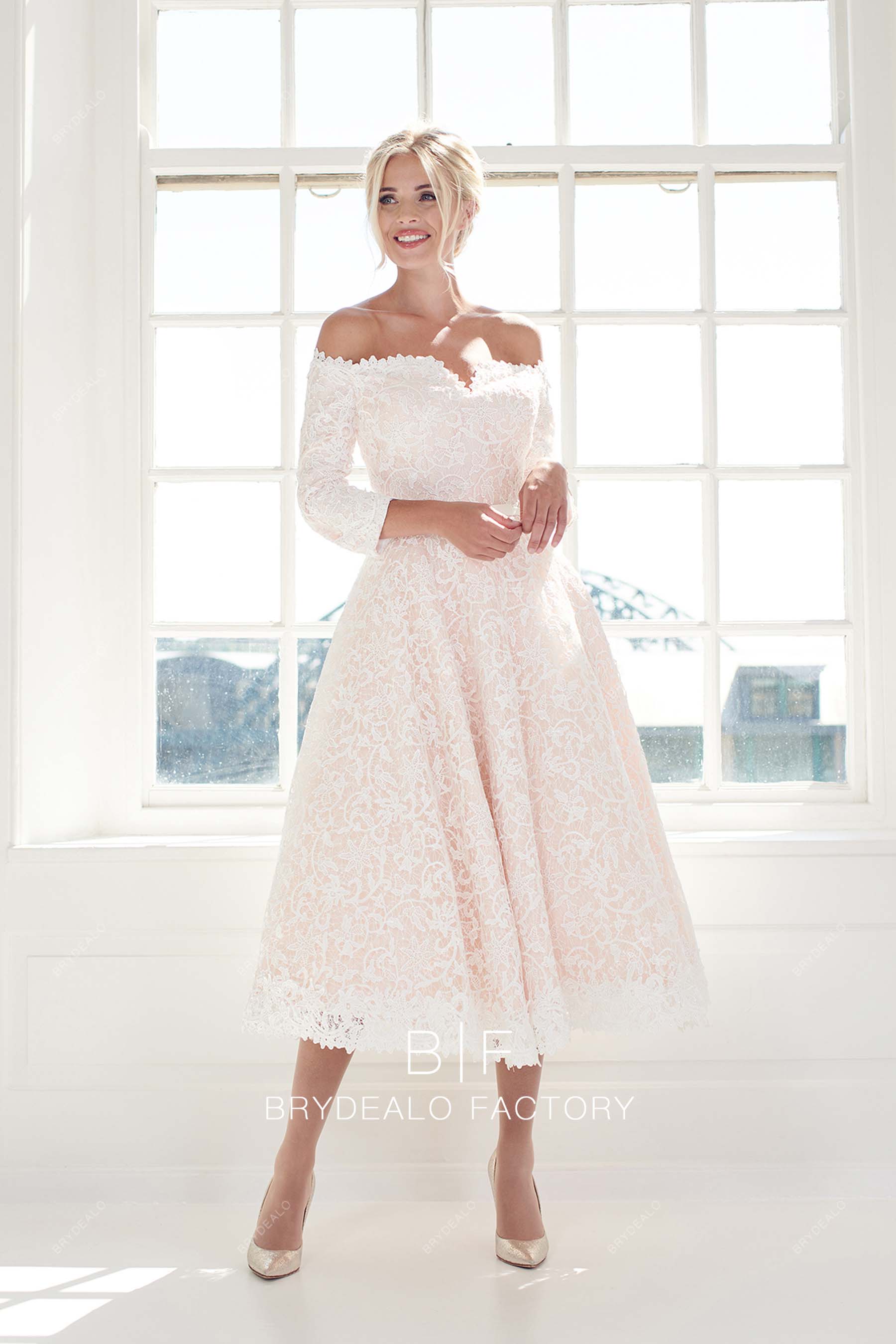 short tea length casual lace bridal gown