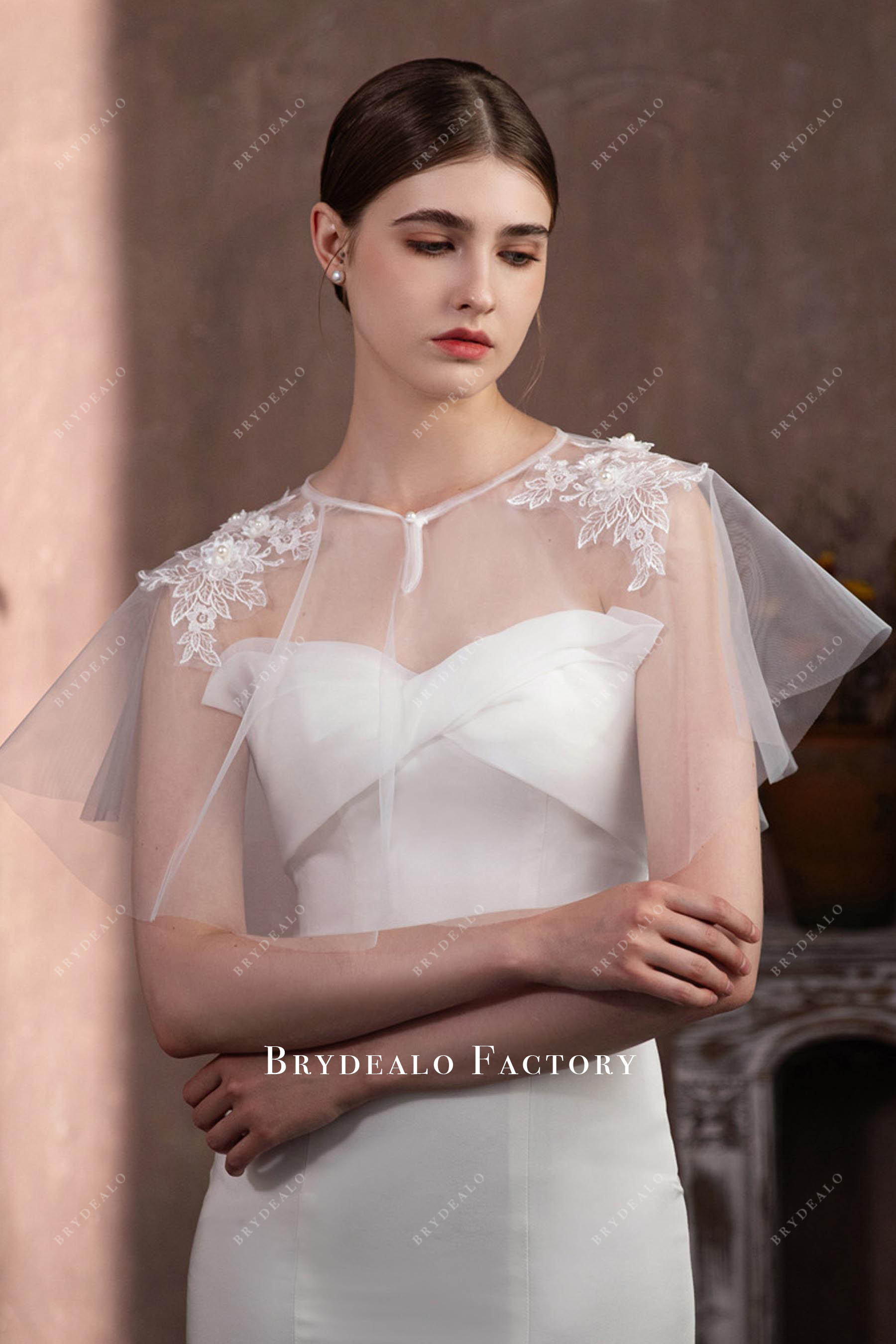 Short Wedding Dress Cape with 3D Flower Lace