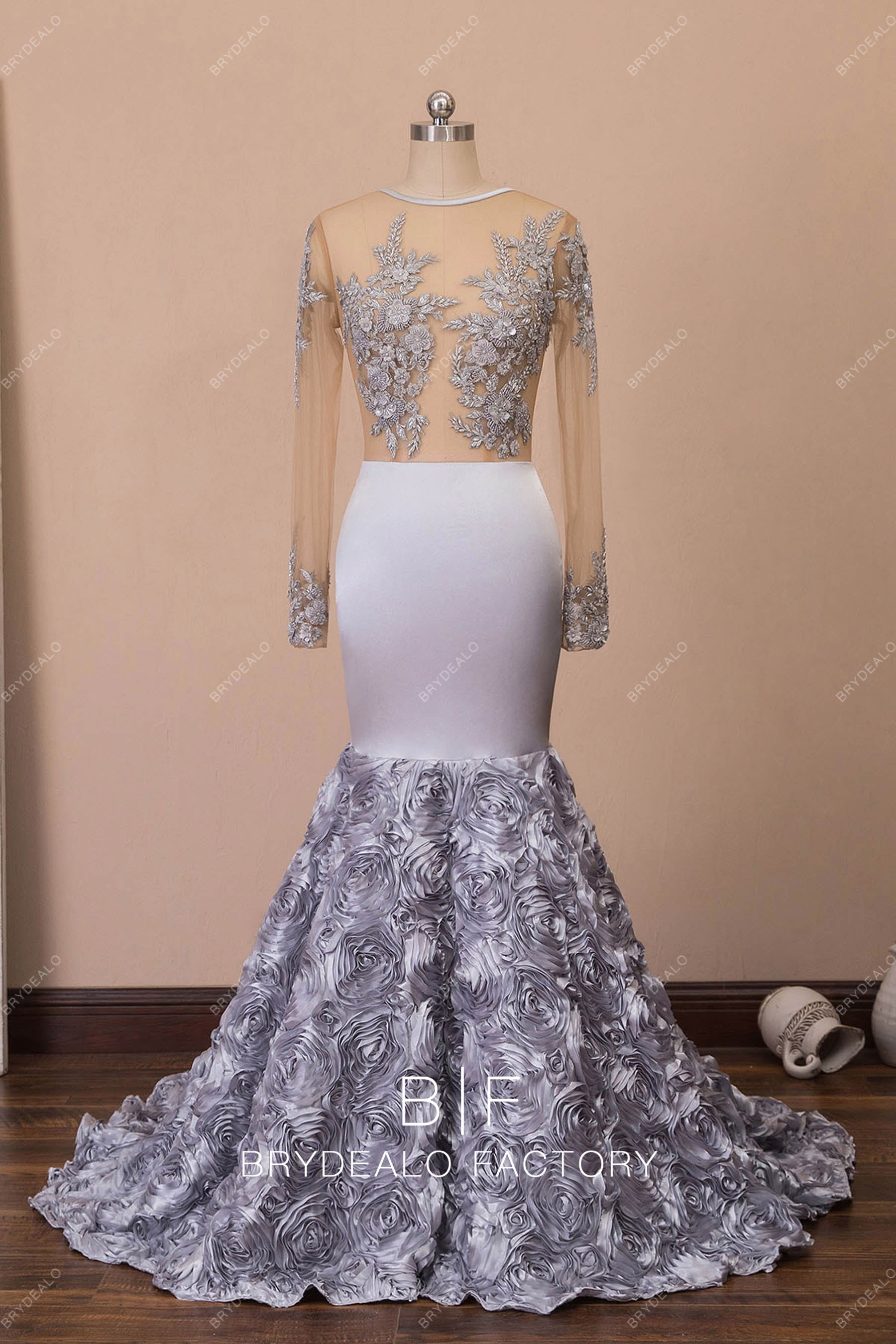 Illusion Beaded Lace Bodice 3D Rose Train Mermaid Prom Dress Illusion Beaded Lace Bodice 3D Rose Train Mermaid Prom Dress