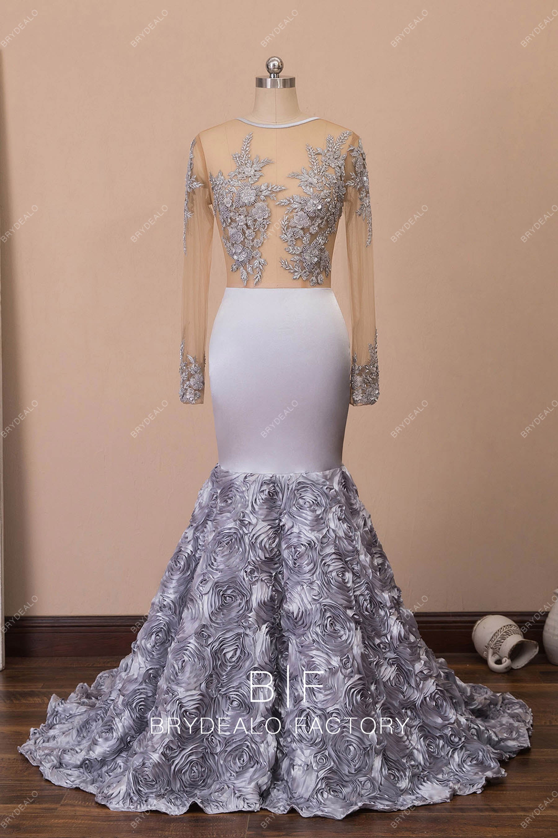 silver beaded lace 3D rose prom dress