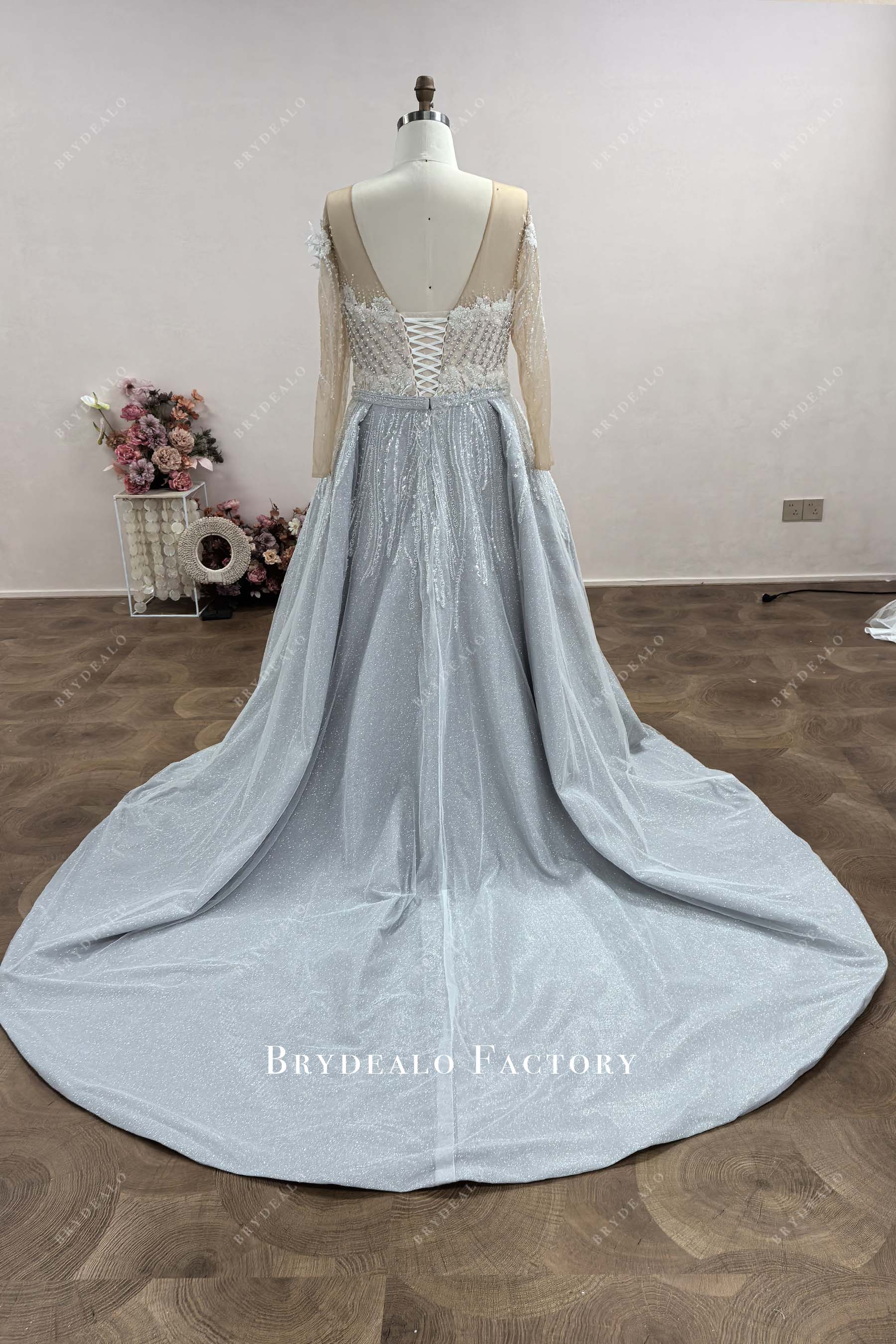 silver glitter overskirt long train wedding dress