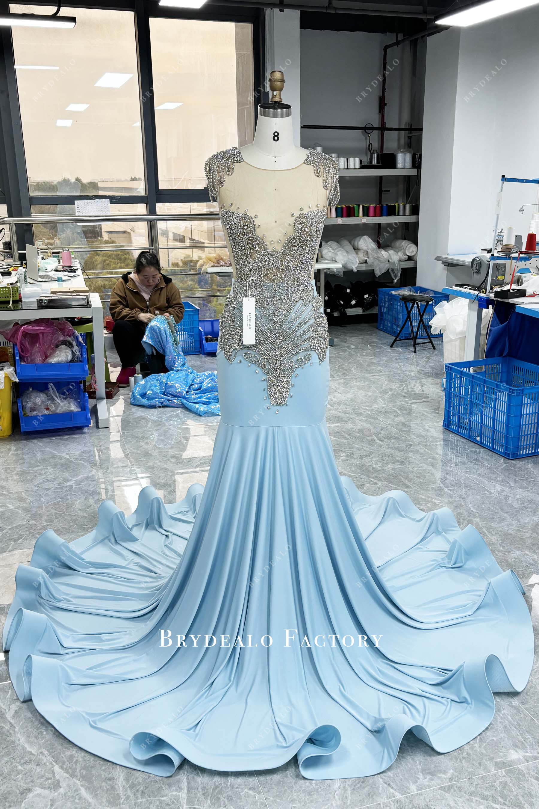 silver rhinestone blue jersey prom dress