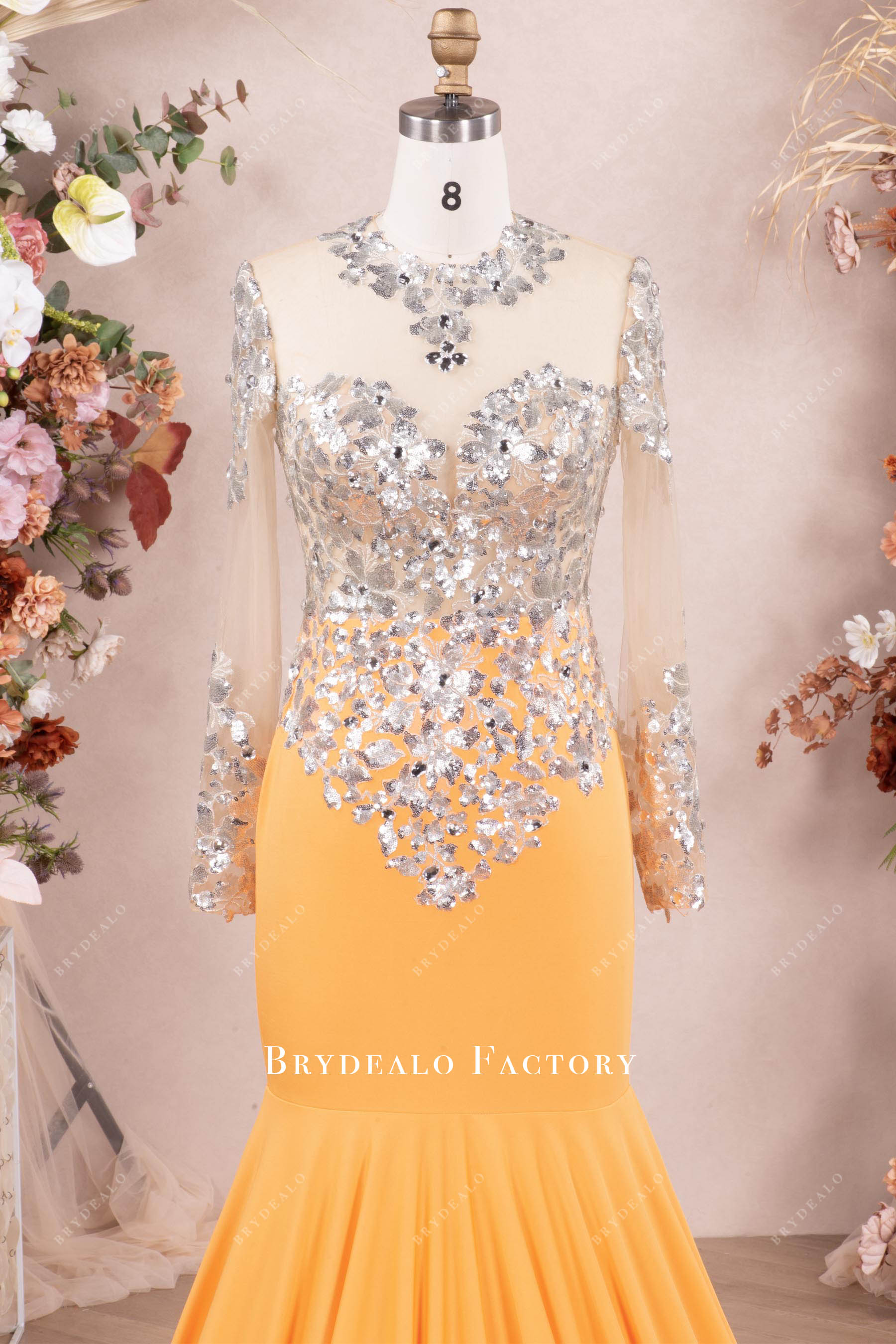 silver sequin sleeve prom dress