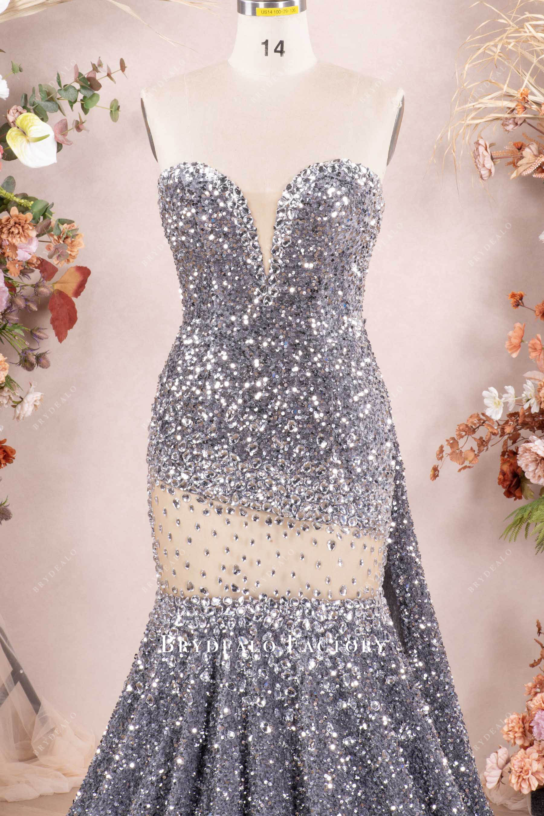 silver strapless plunging sequin prom dress