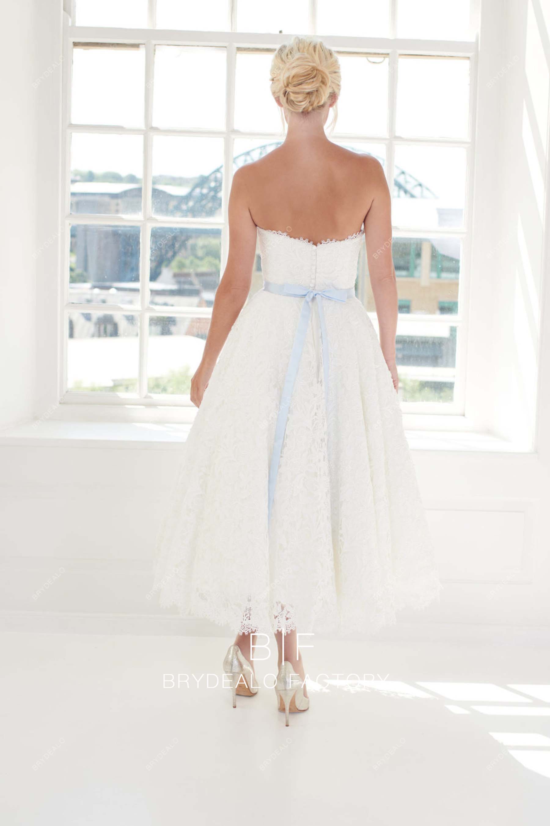simple lace tea length casual bridal dress