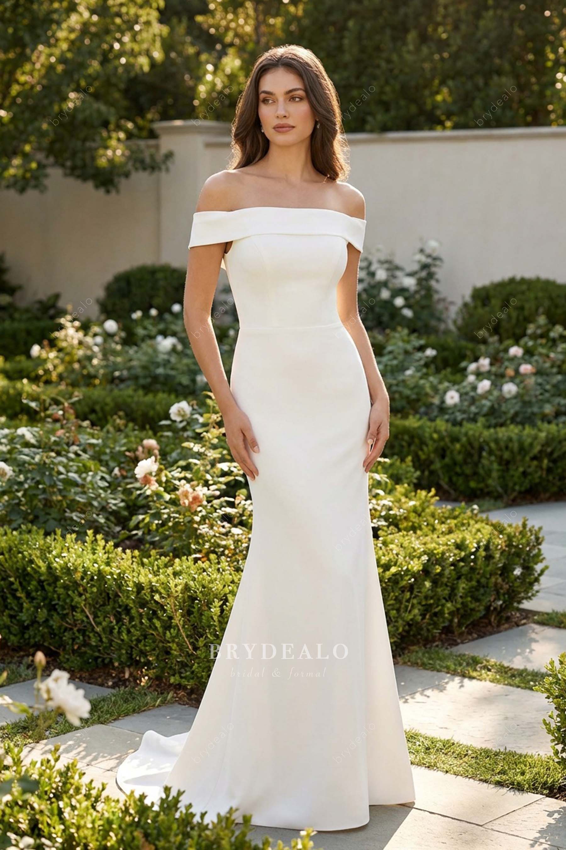 simple off-shoulder crepe wedding dress