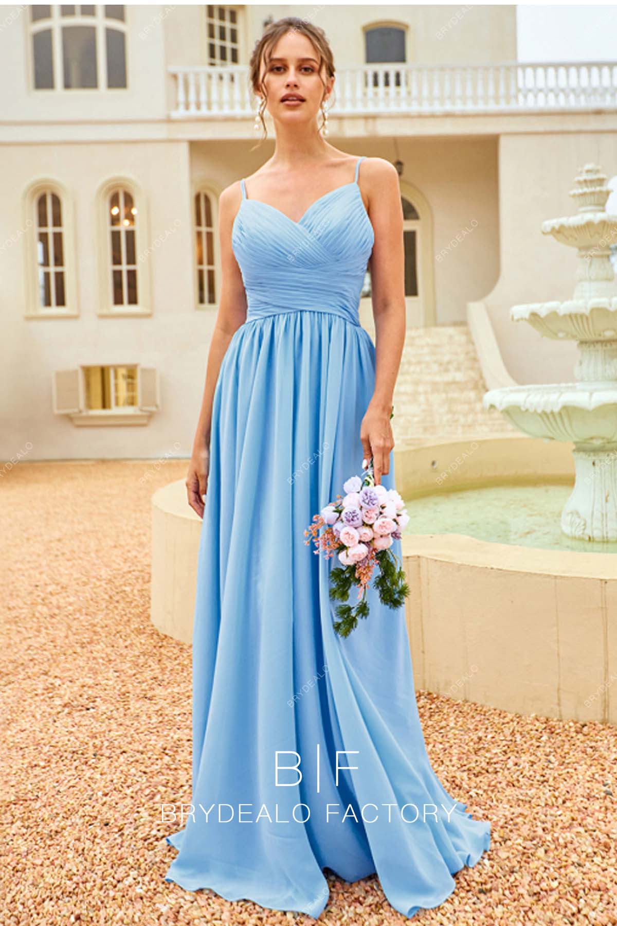 Sky Blue Ruched Chiffon Sleeveless Bridesmaid Dress