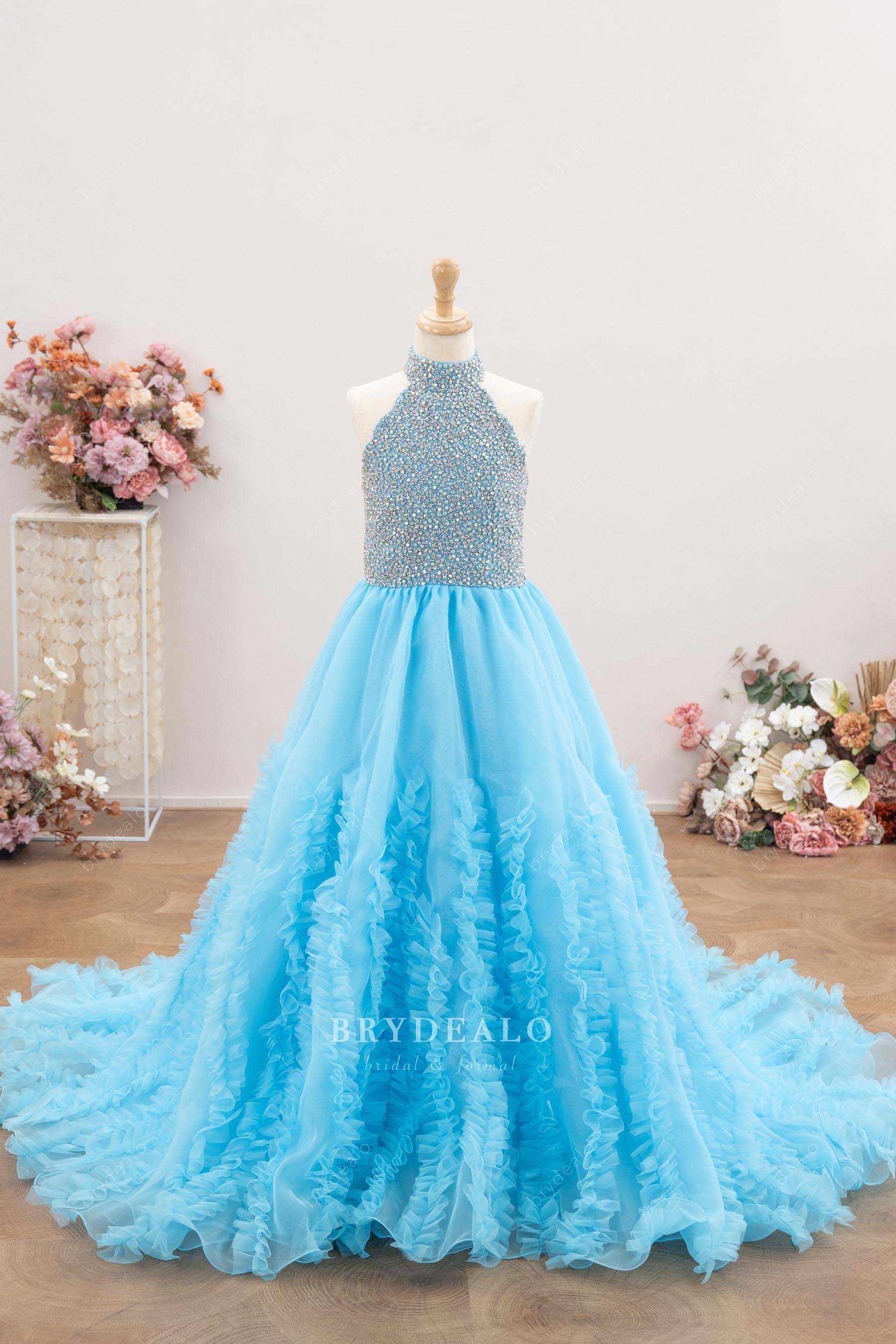sky blue ruffled little girl pageant gown