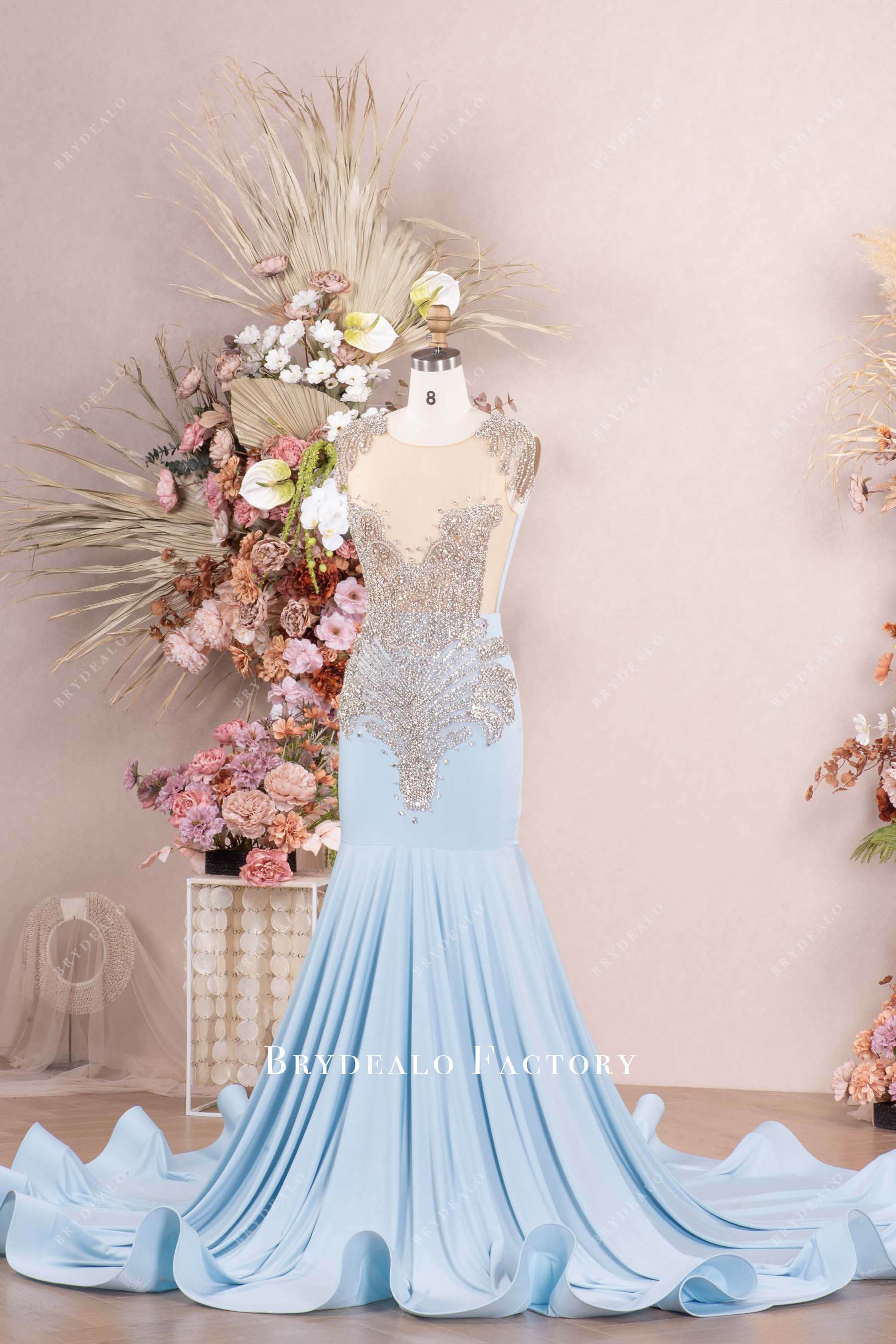 sky blue sparkly jersey prom dress