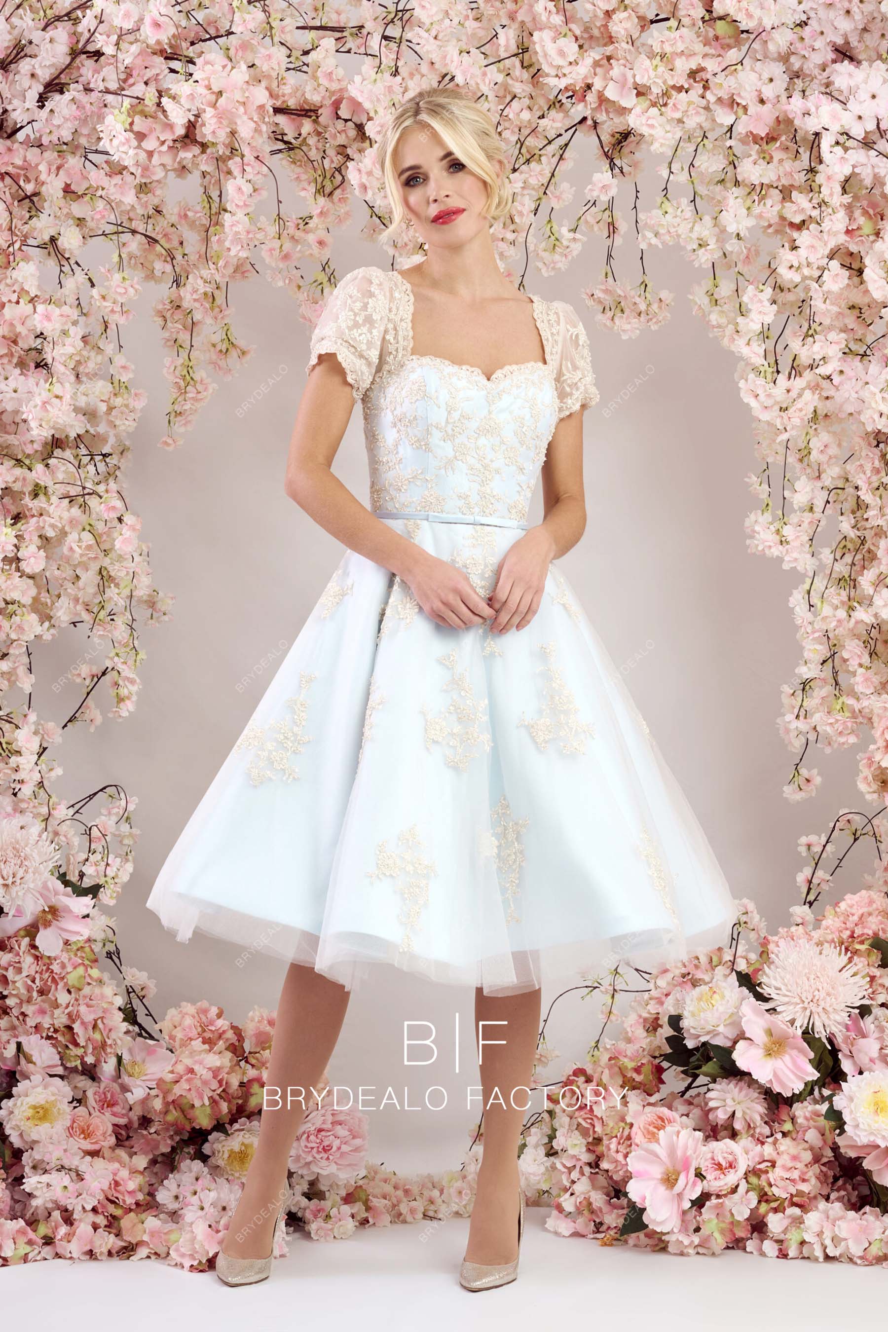sky blue tea length short wedding gown