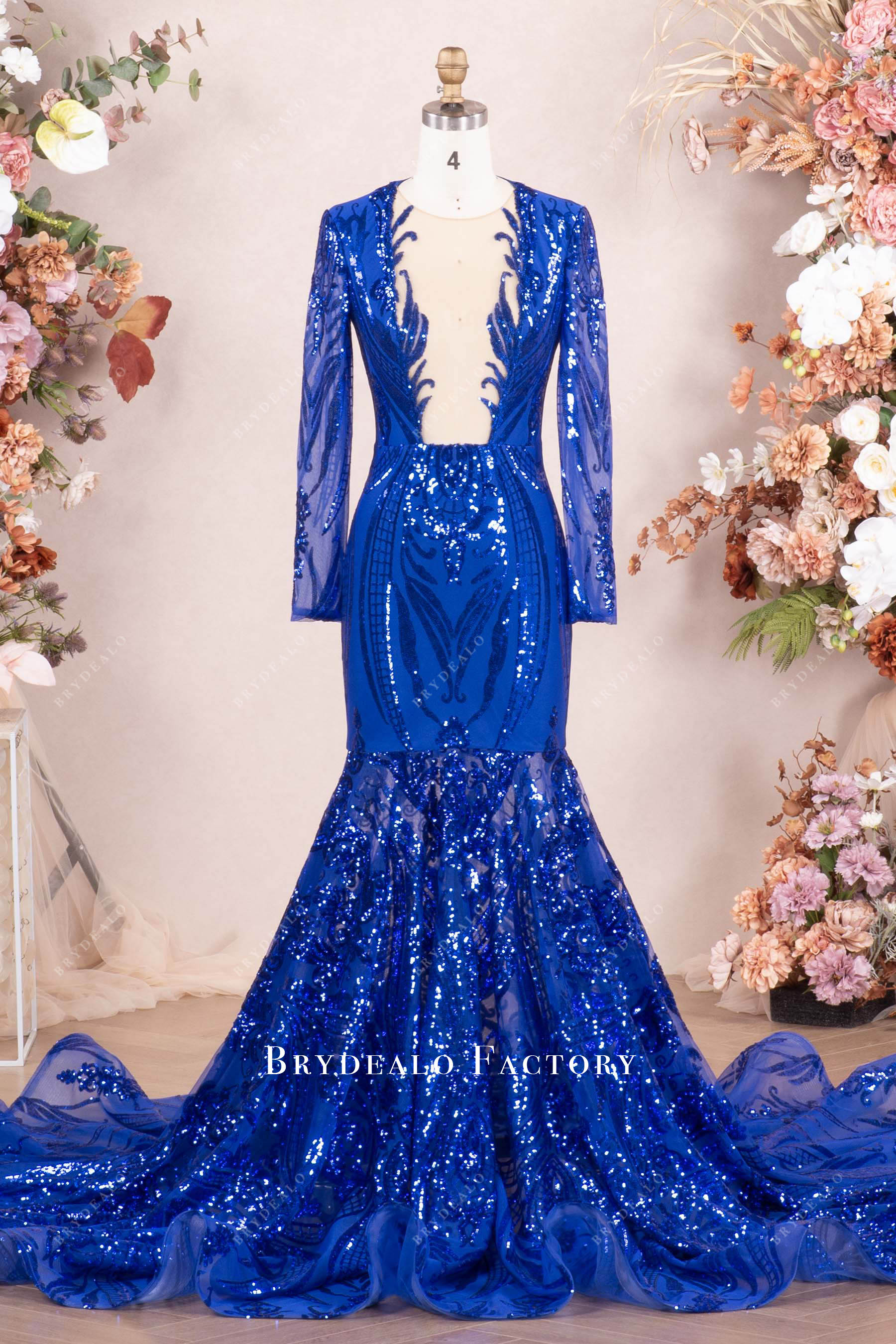 Sparkly Royal Blue Long Sleeve Mermaid Prom Dress Sparkly Royal Blue Long Sleeve Mermaid Prom Dress