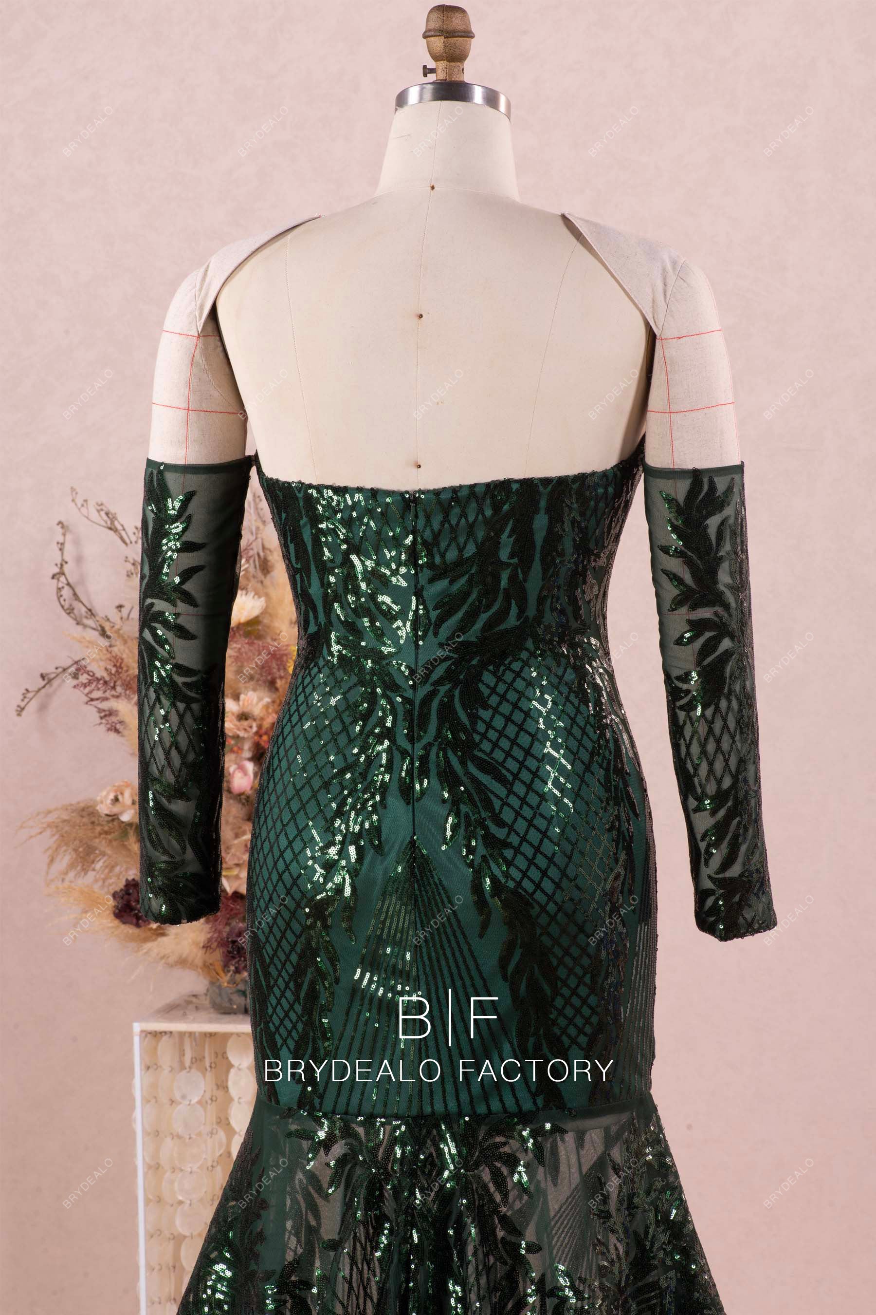 Sparkly Dark Green Straight Neck Sleeved Prom Dress