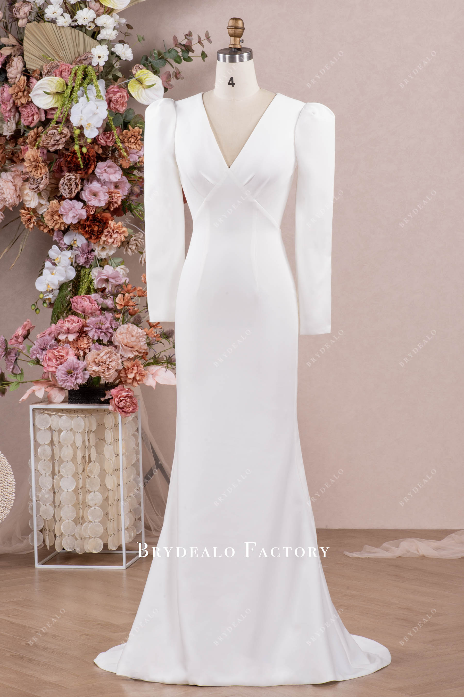 Puffy Sleeves Crepe Wholesale Casual Mermaid Bridal Gown Light Ivory Puffy Sleeves Crepe Wholesale Casual Mermaid Bridal Gown Light Ivory