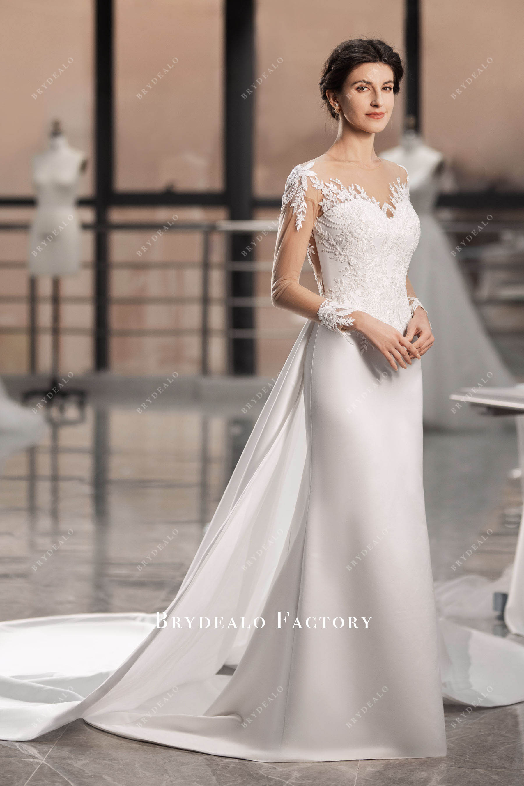 sleeved mermaid satin bridal gown