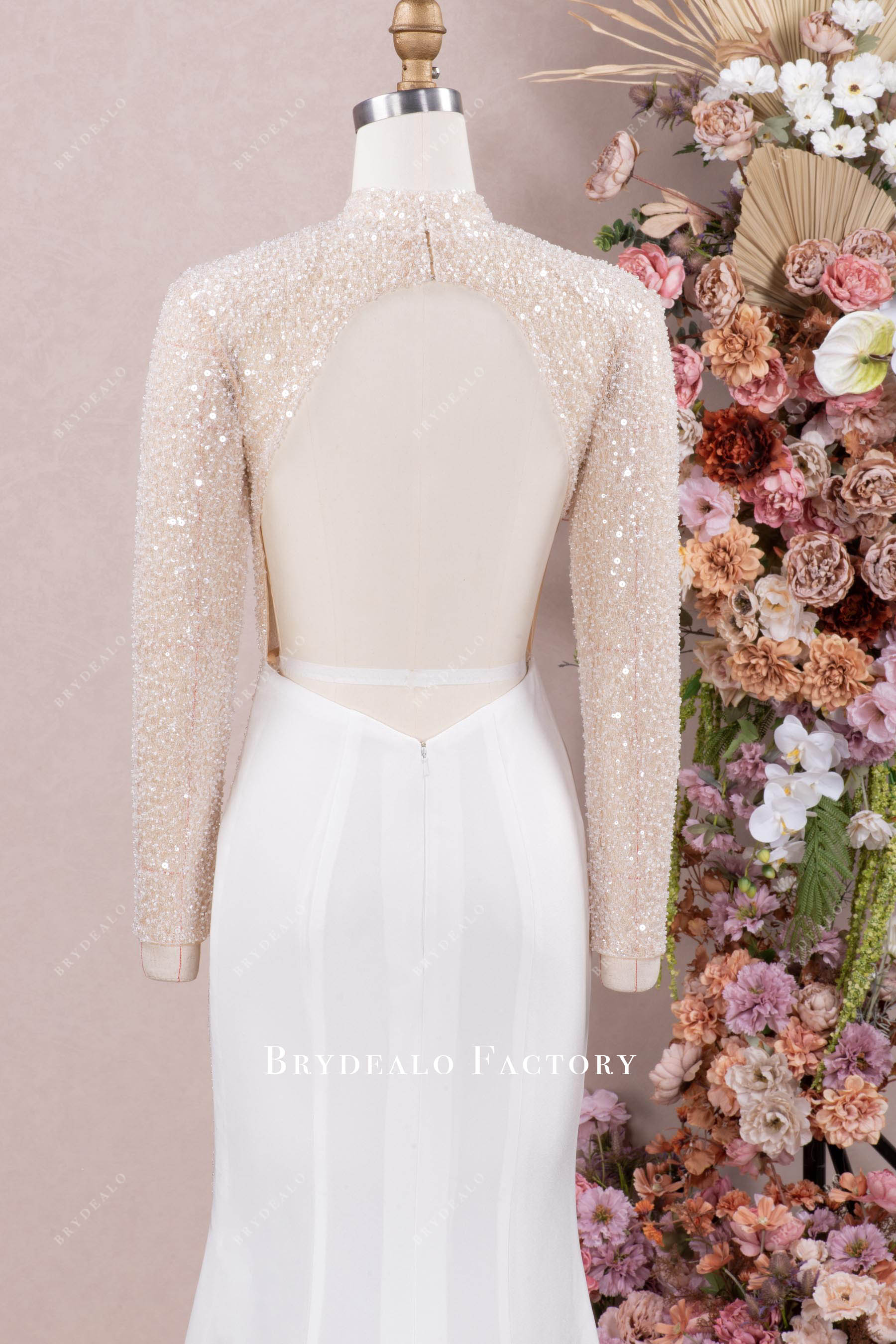 sleeved open back beaded wedding dress