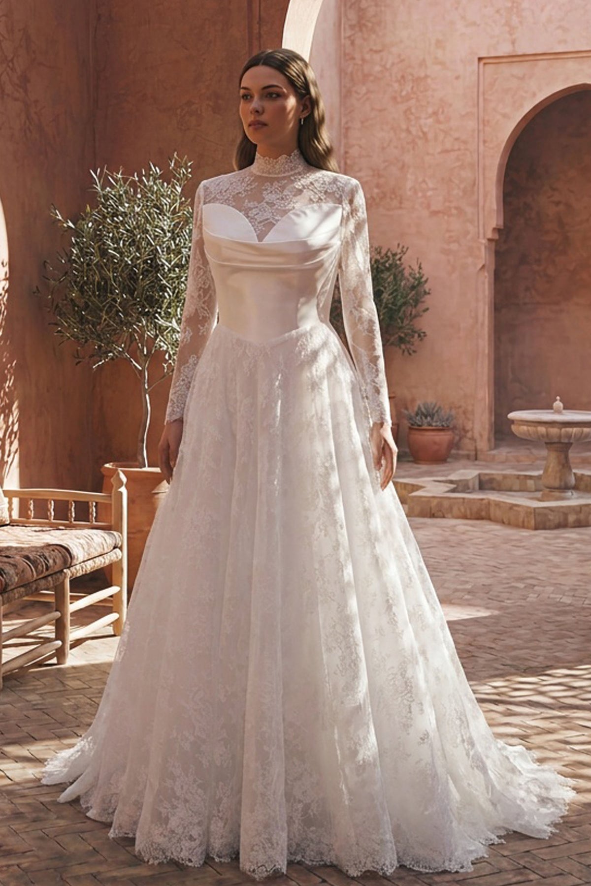 sleeved scalloped lace high neck wedding dress