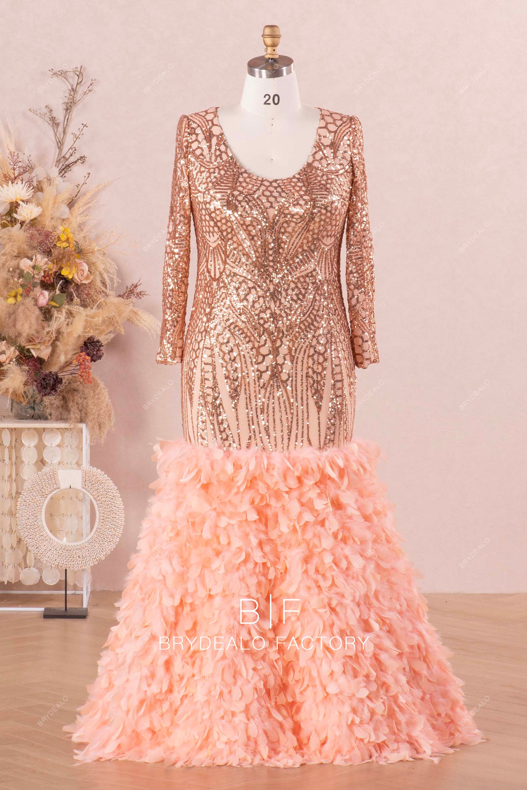 sleeved sequin feather prom dress
