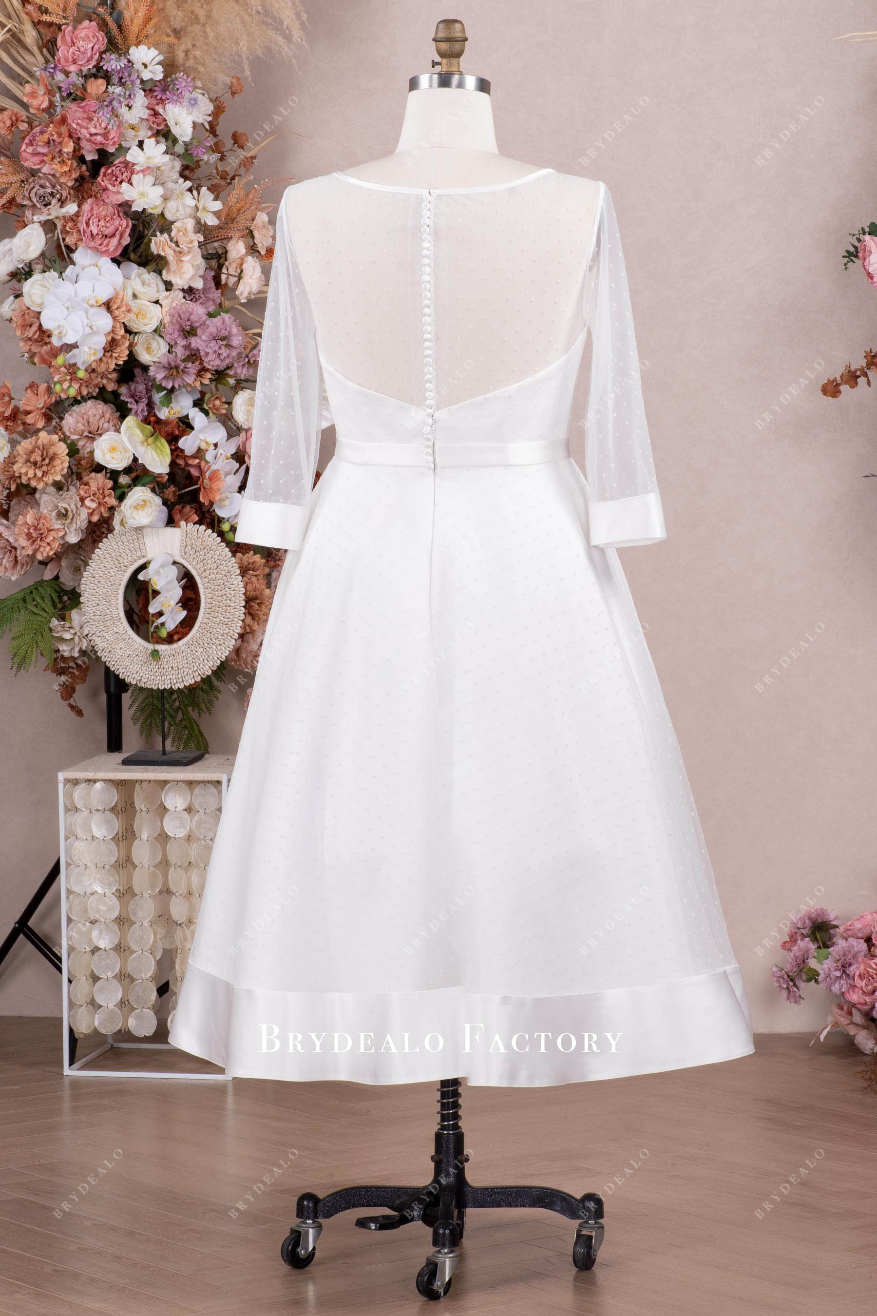 3/4 sleeves tea-length wedding dress