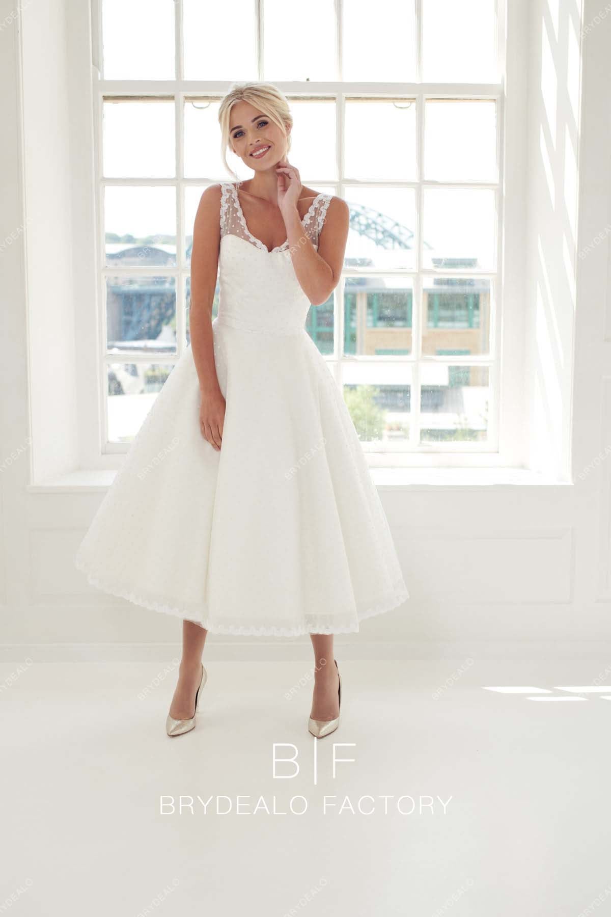 sleeveless A-line tea length casual bridal dress