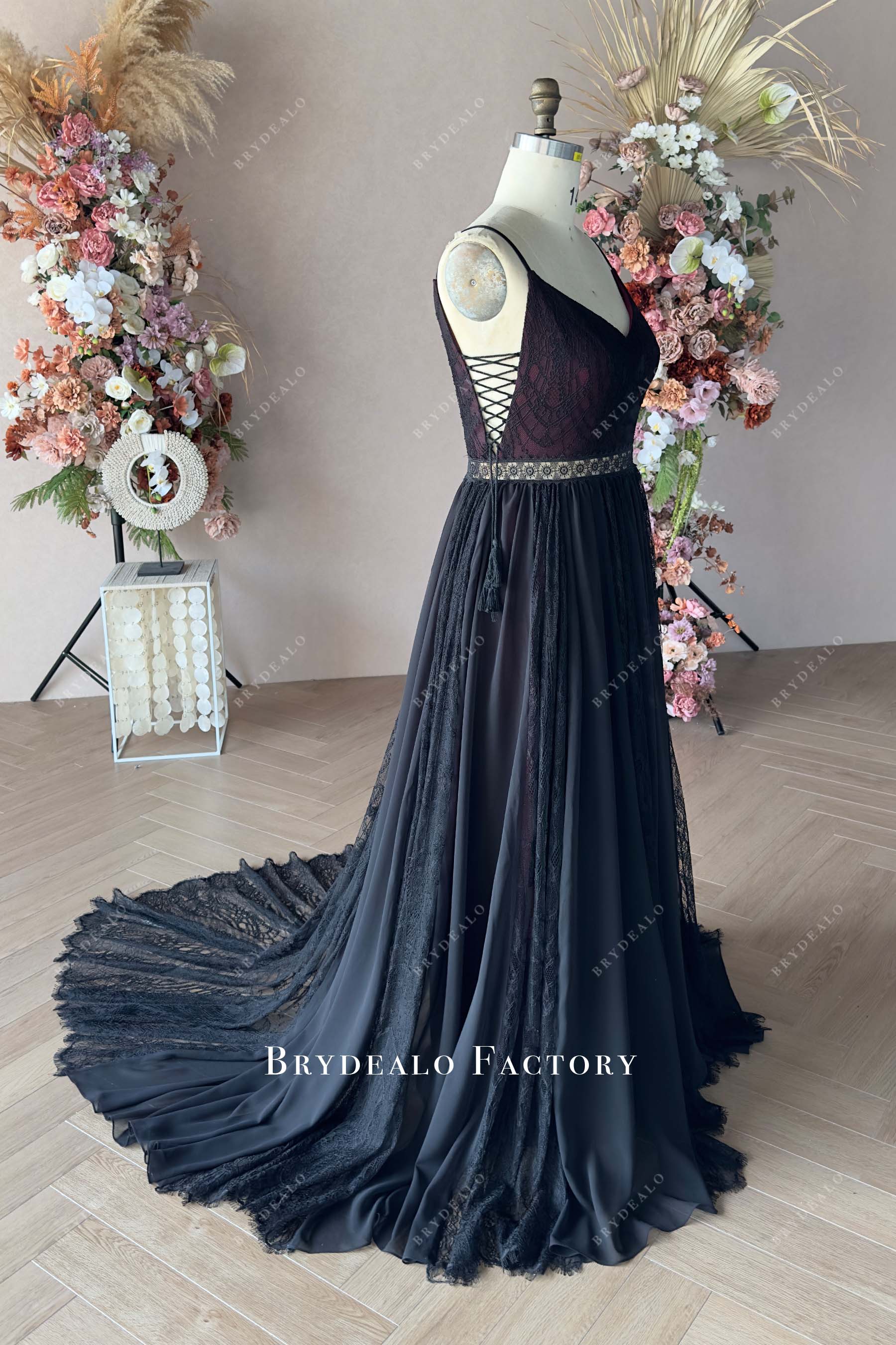 sleeveless black A-line wedding dress