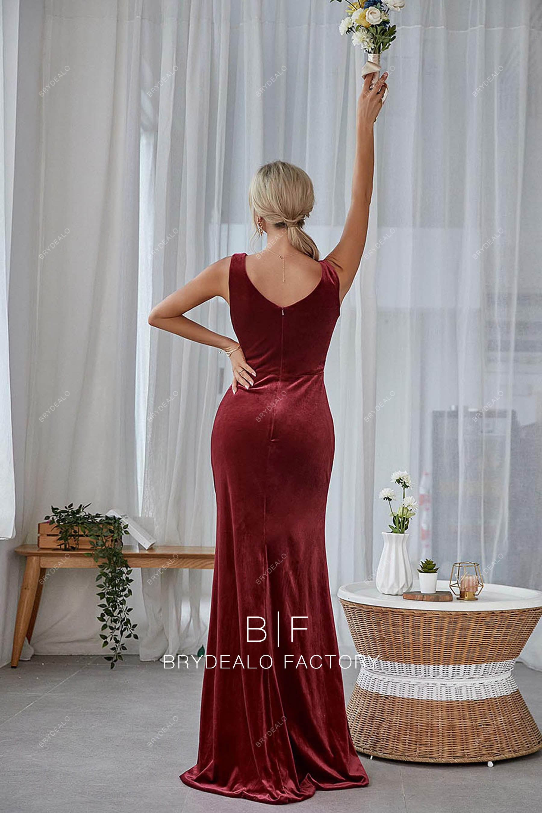 sleeveless burgundy velvet dress