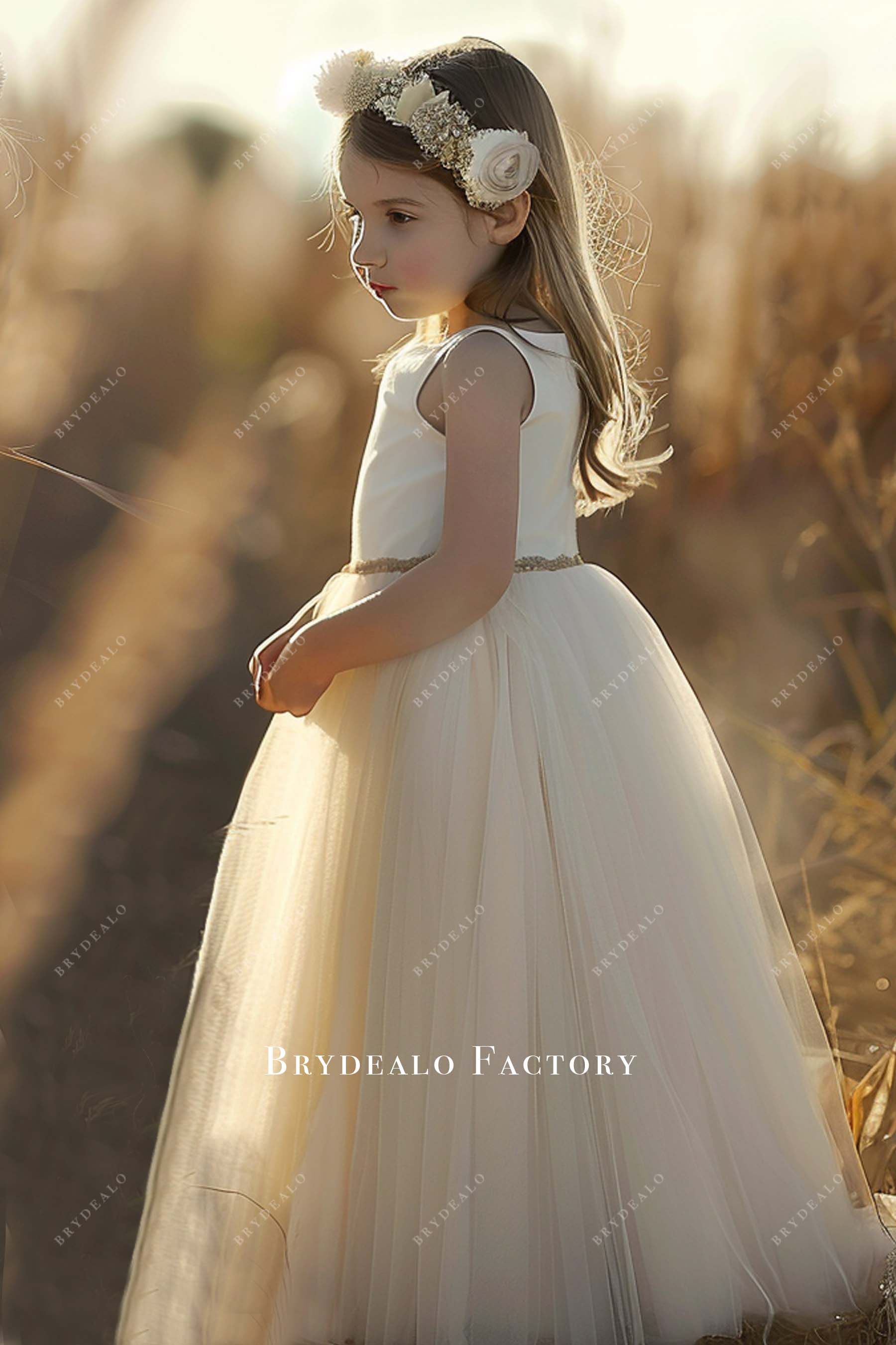 Sleeveless Satin Layered Tulle Ball Gown Kids Dress For Wedding