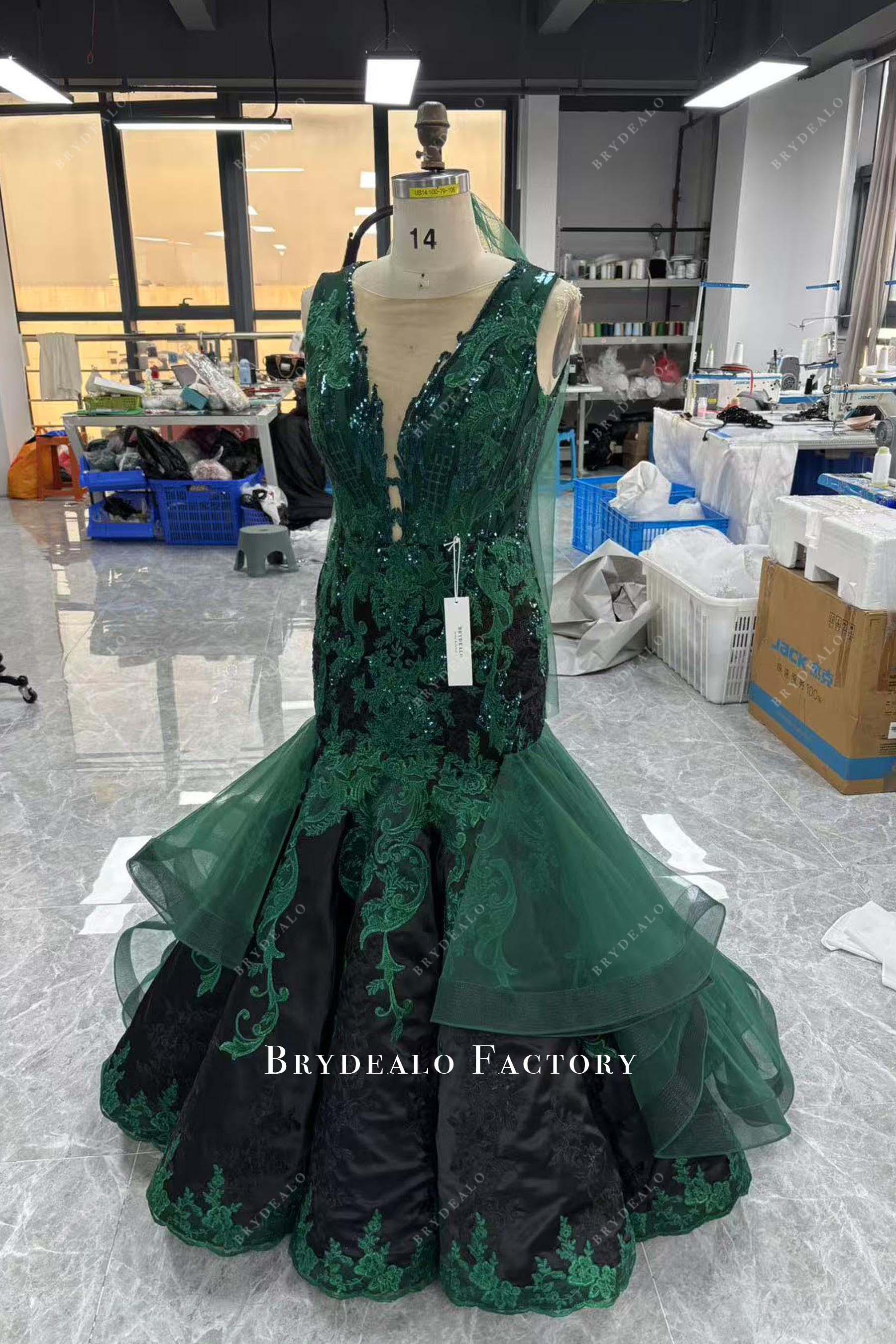 sleeveless green black wedding dress