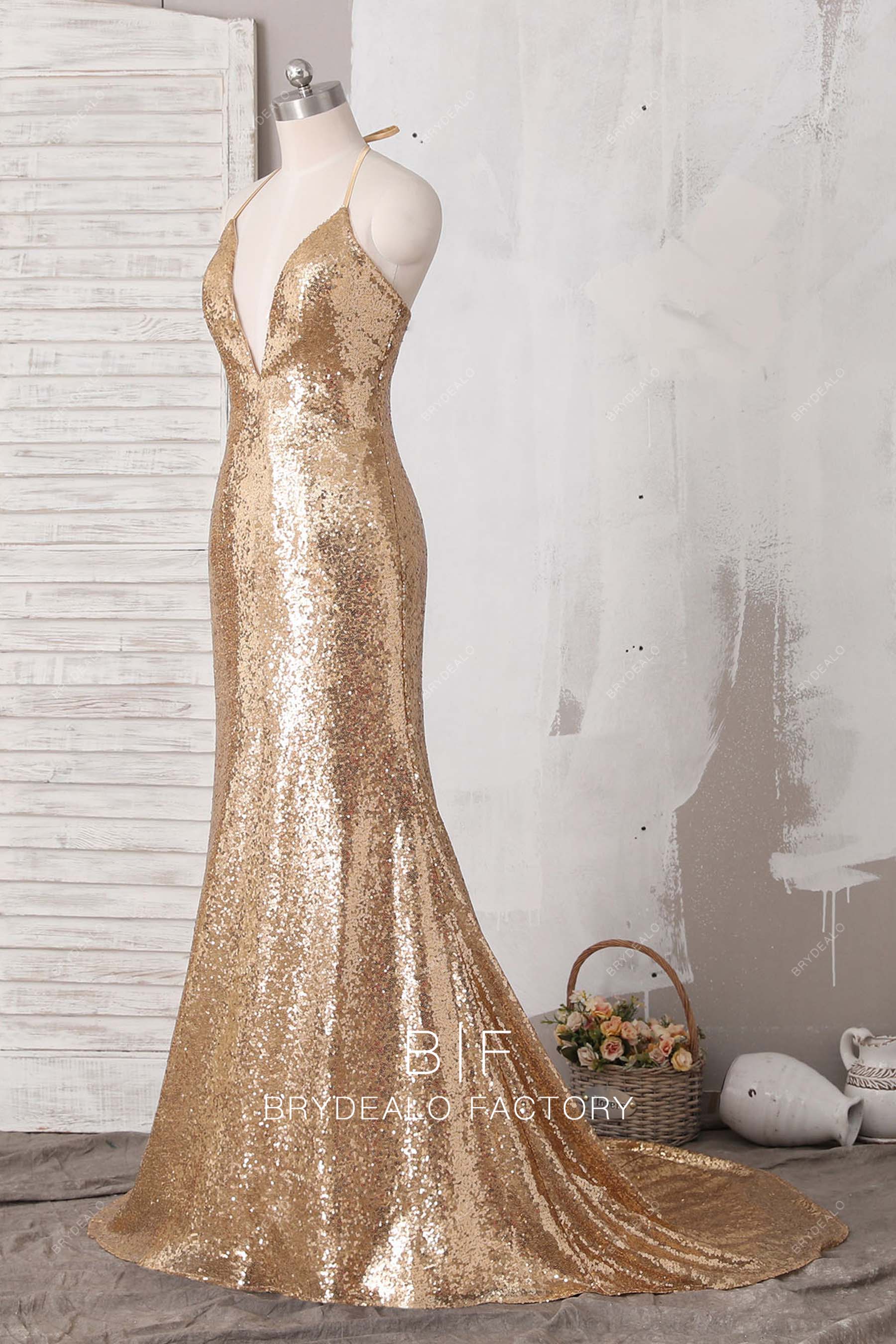 sleeveless halter strap gold sequin long memaid prom dress