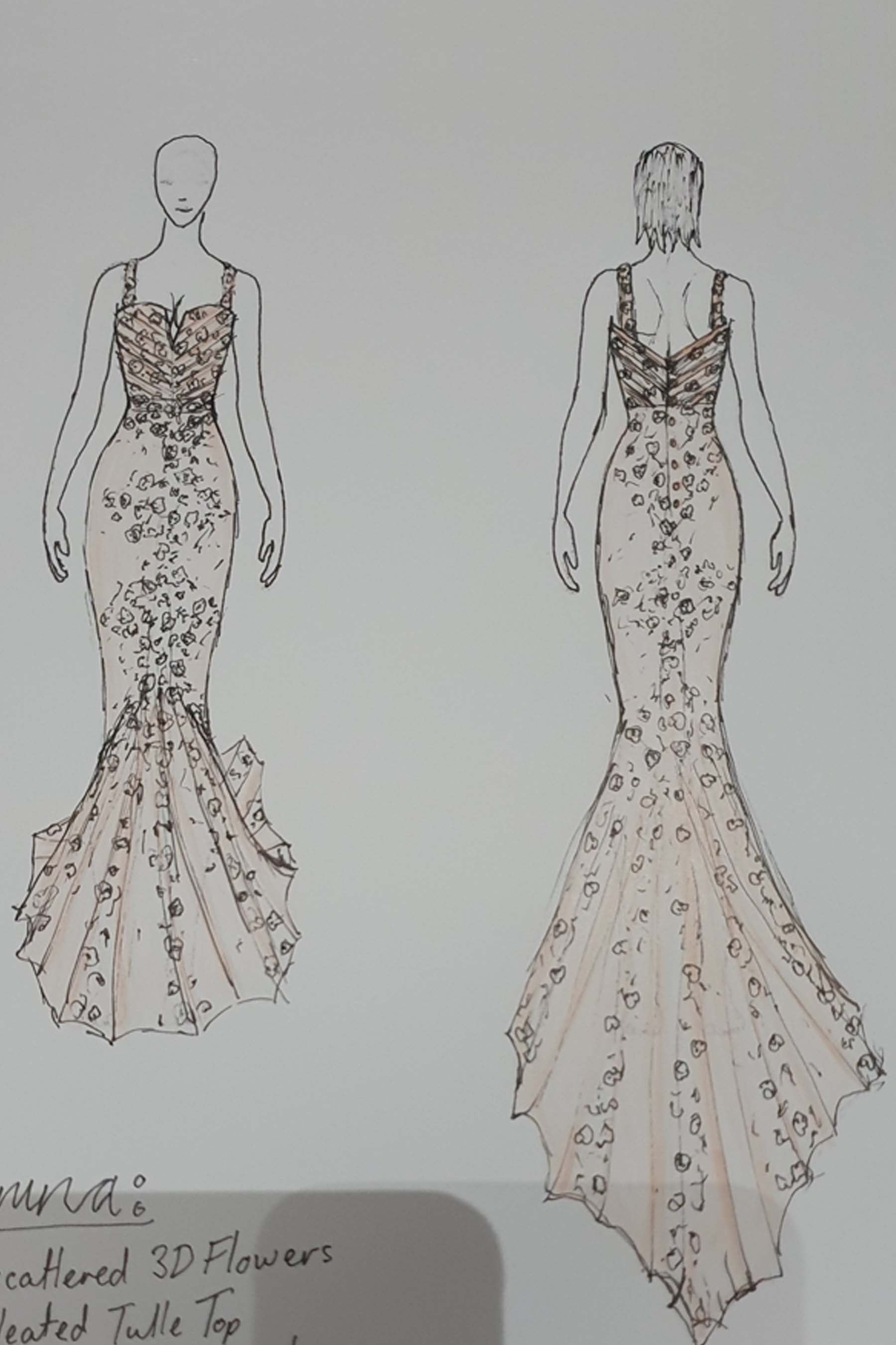 sleeveless lace trumpet wedding dress sketch