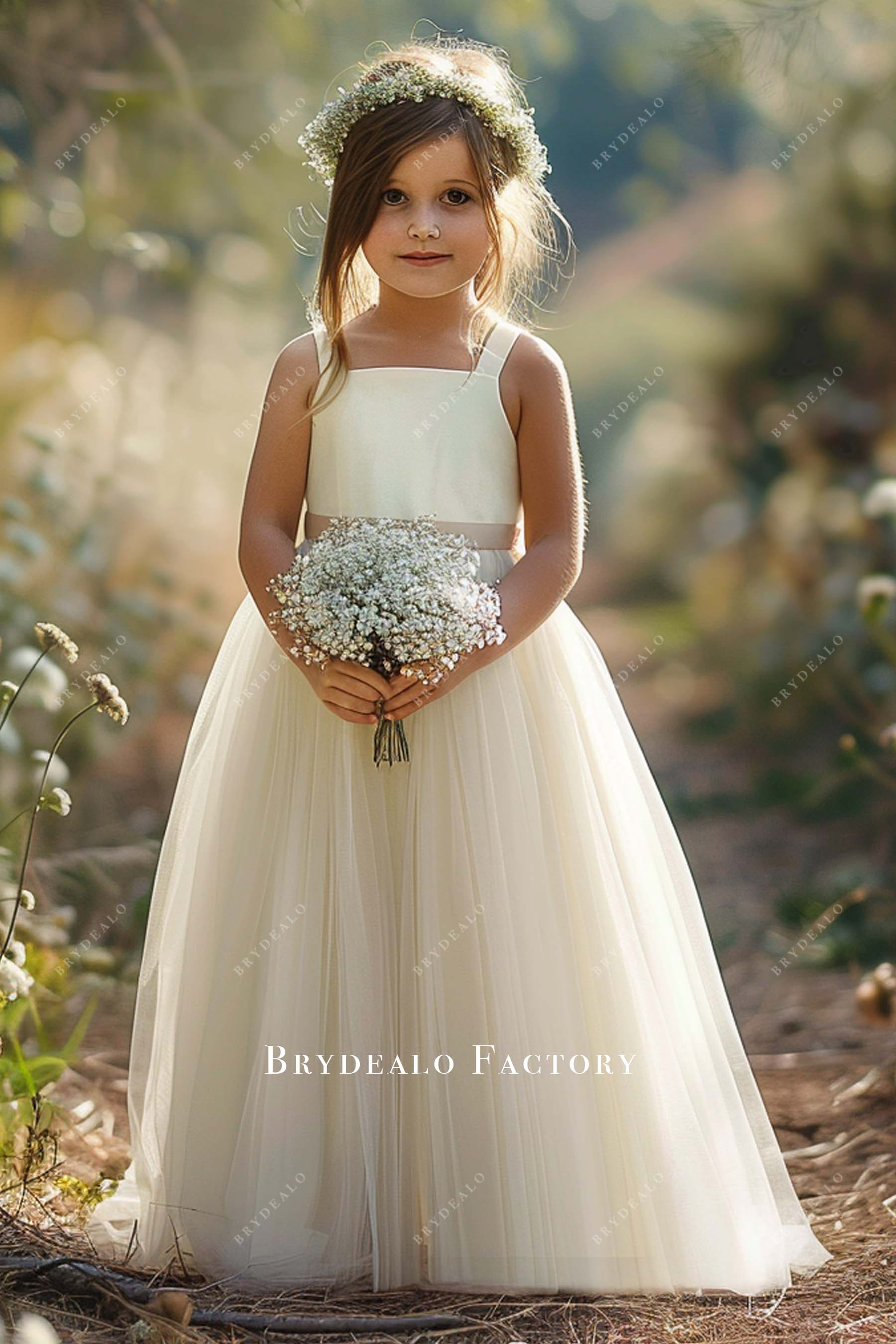 Wide Shoulder Straps Sleeveless Satin Tulle Flower Girl Dress