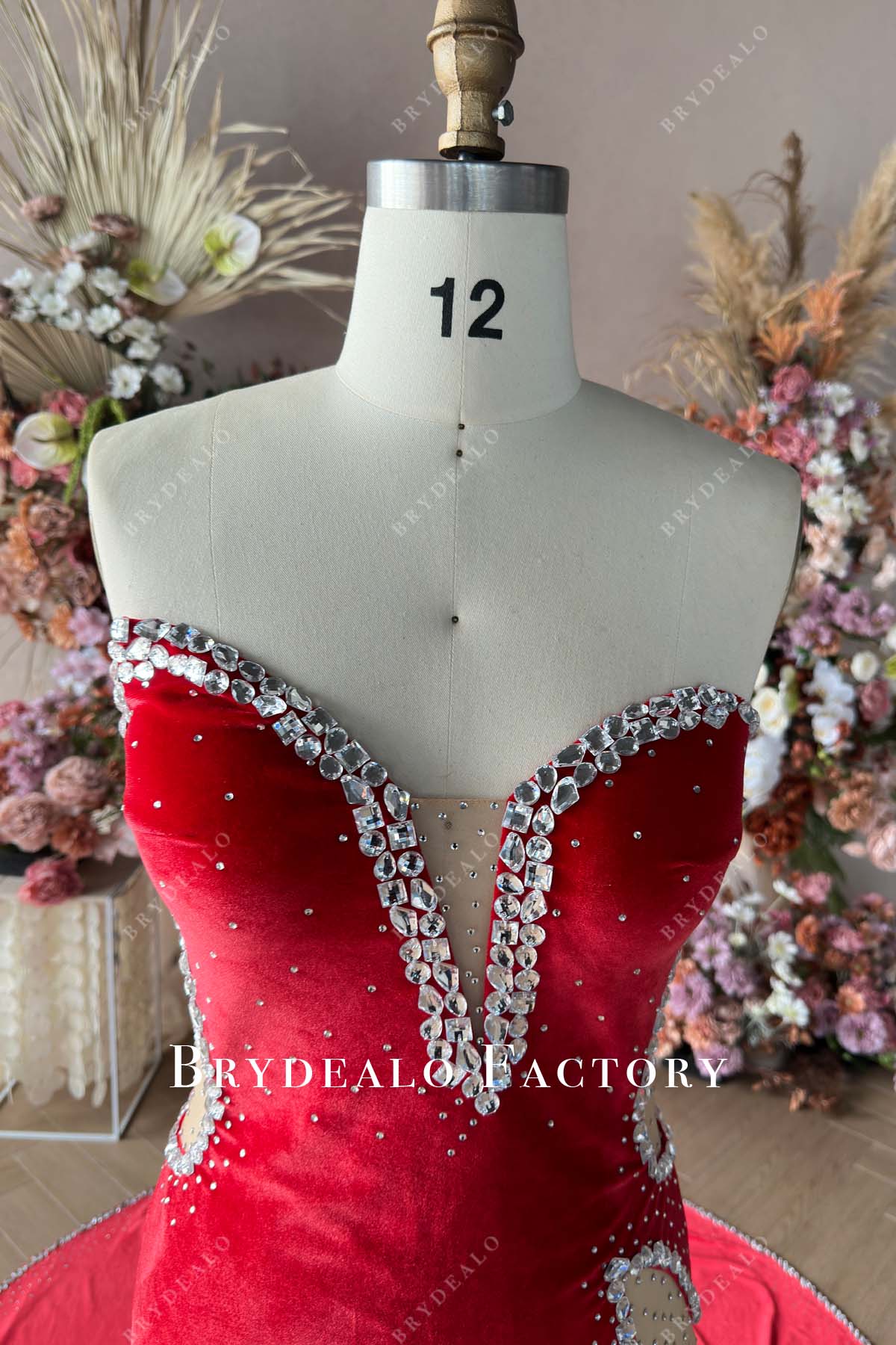 custom asymmetrical strapless velvet prom gown