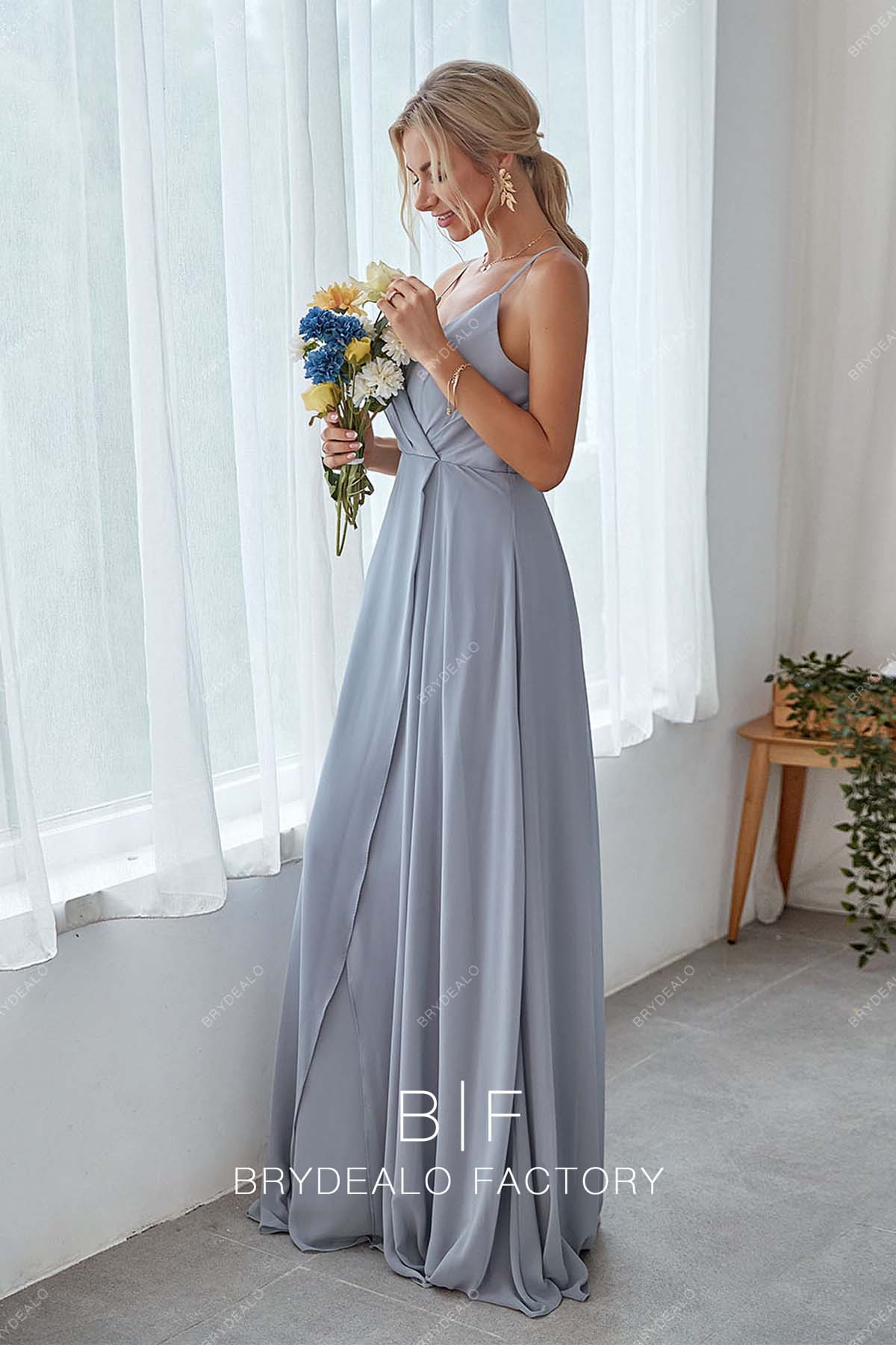 sleeveless dusty blue ruched chiffon A-line bridesmaid dress
