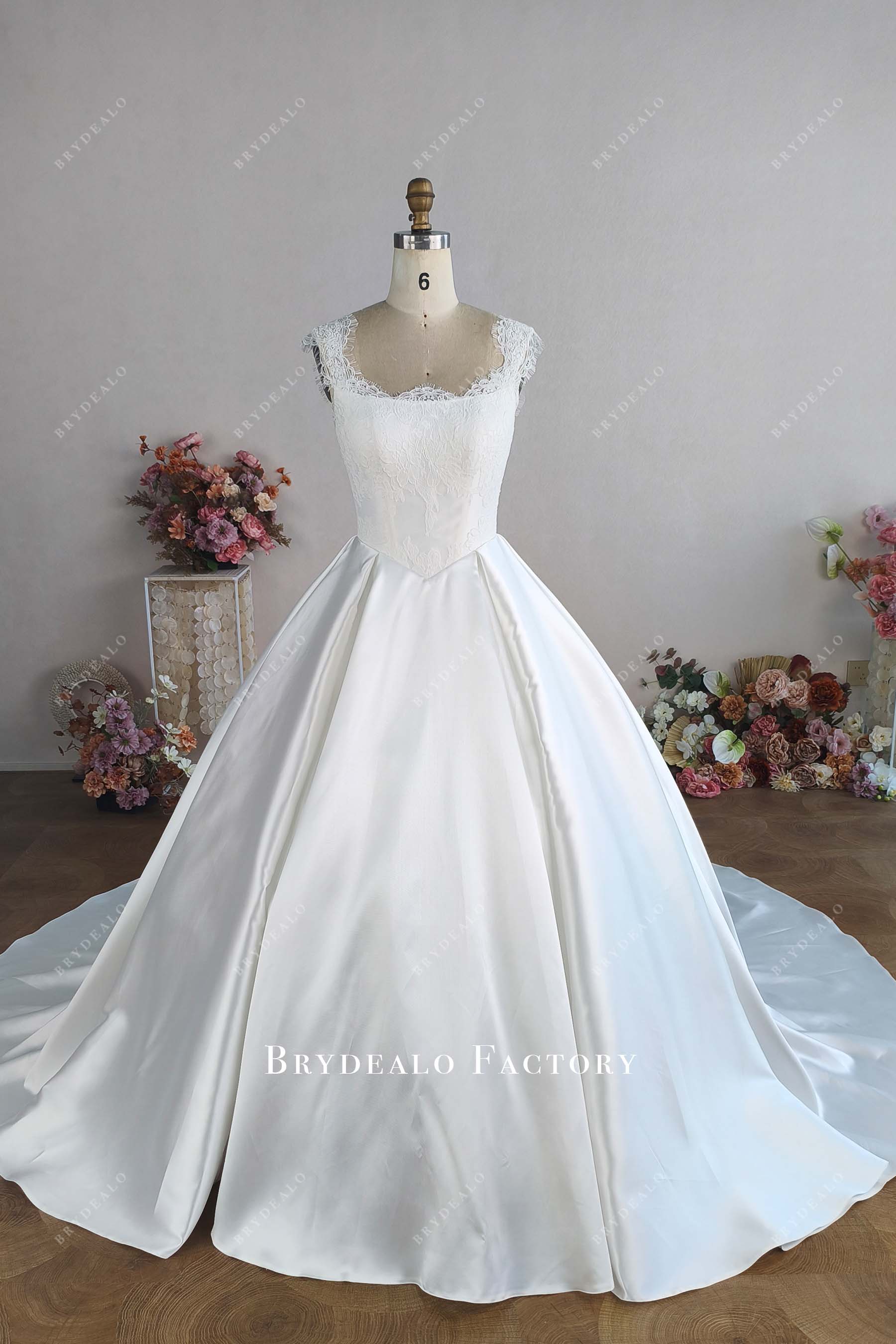 sleeveless scalloped lace mikado satin bridal dress