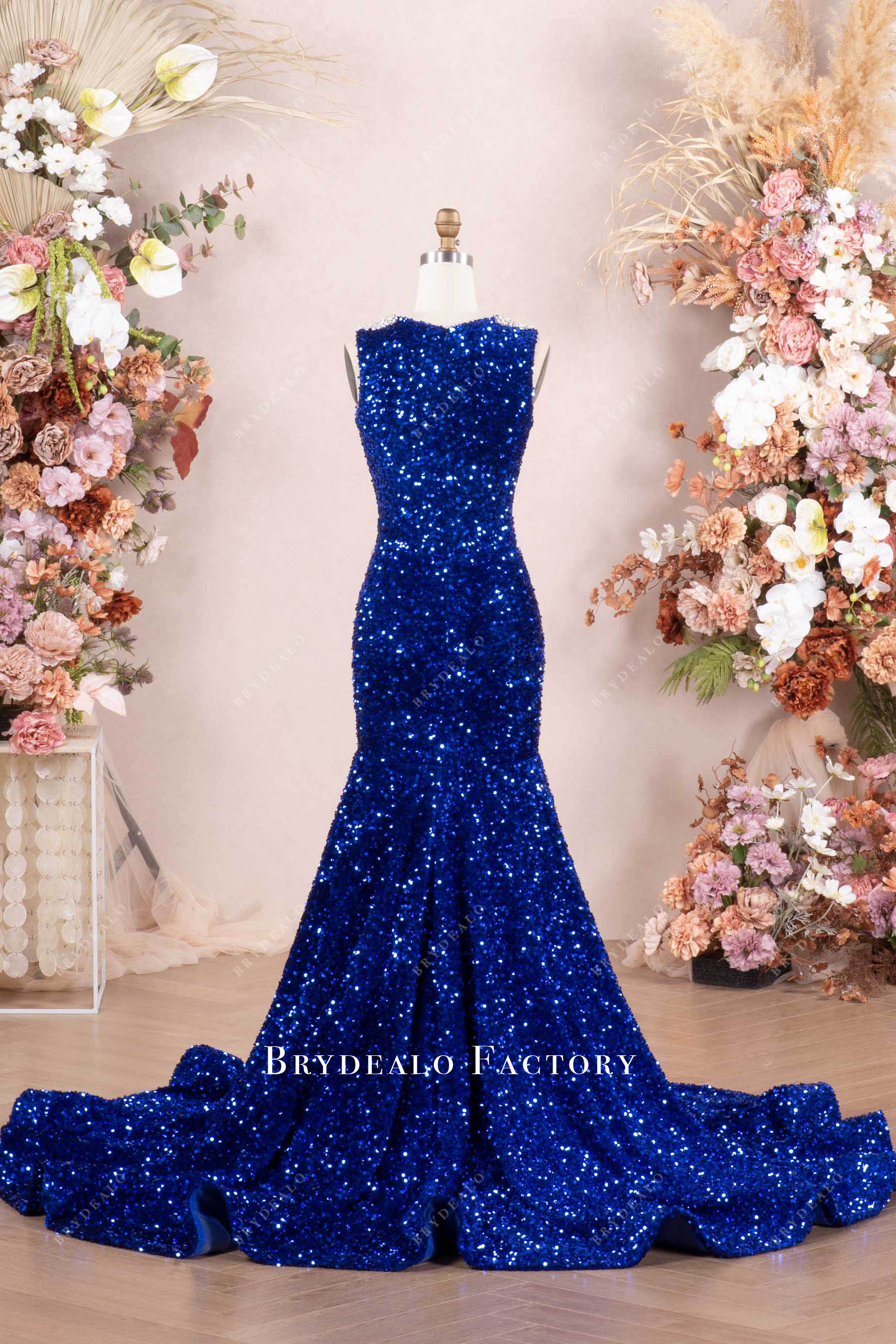sleeveless sequin velvet long prom dress