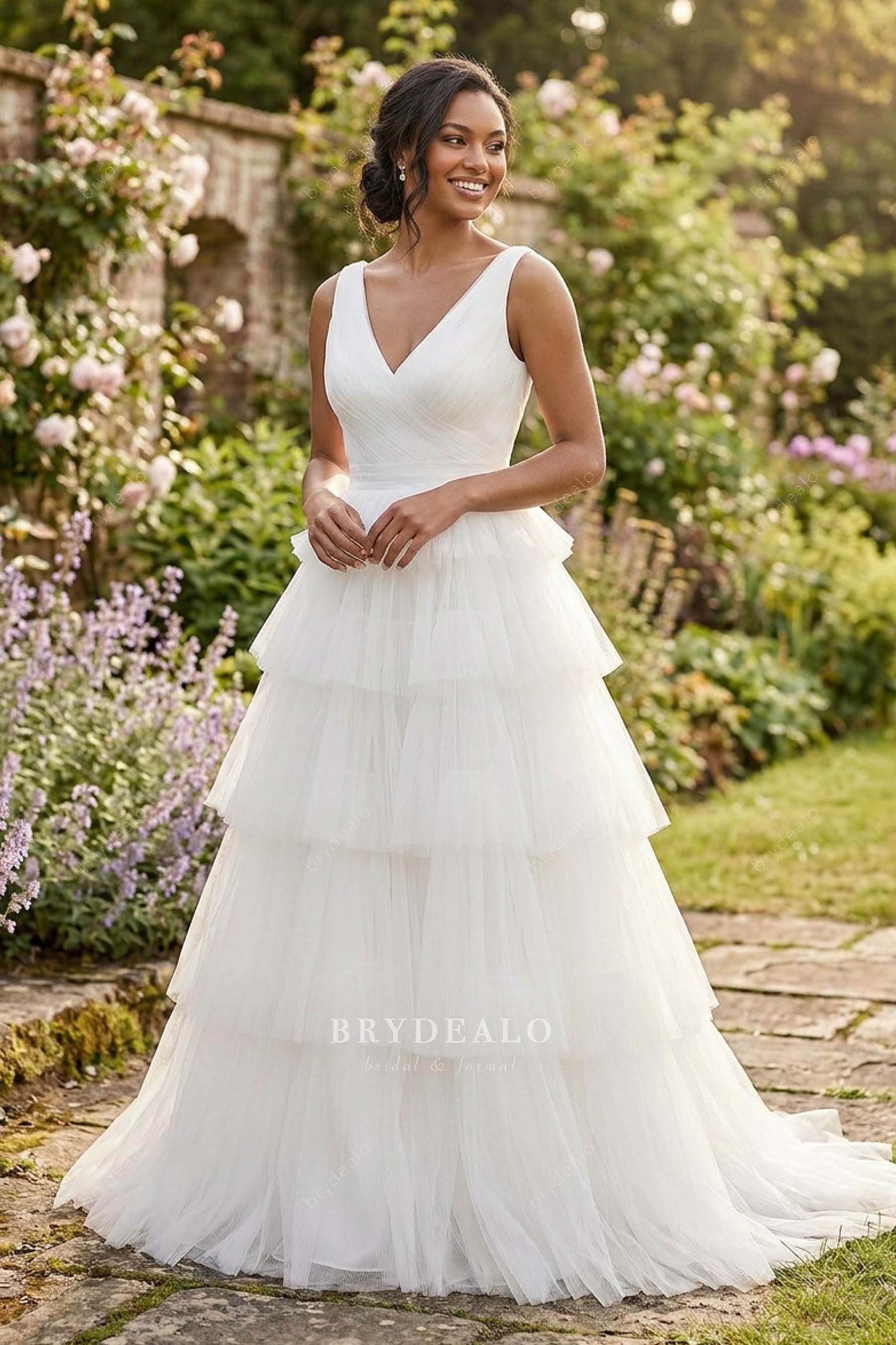 Pleated Tulle Sash Belt Tiered Princess Wedding Dress Ivory