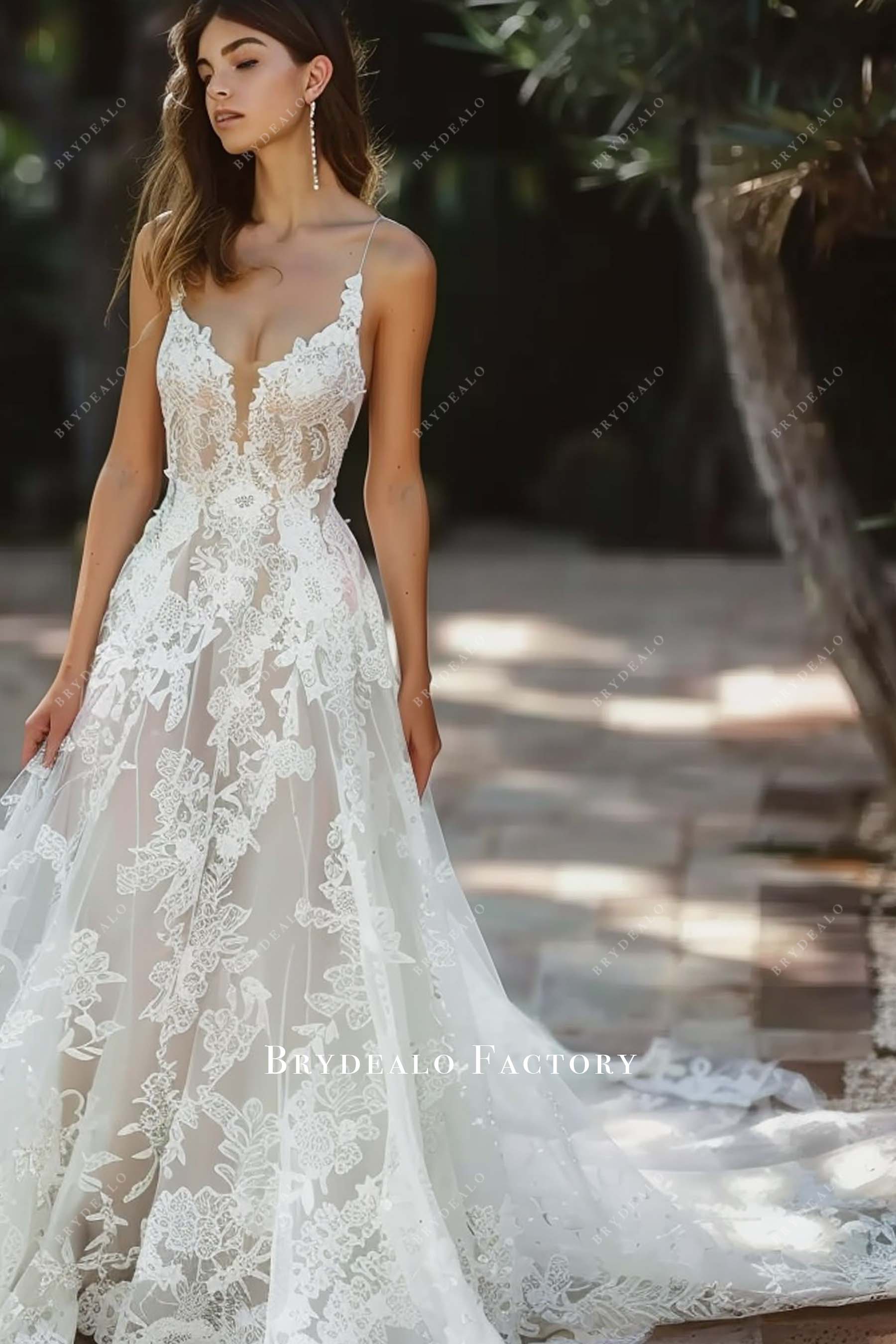 Spaghetti Straps Long Train Fall Wedding Dress