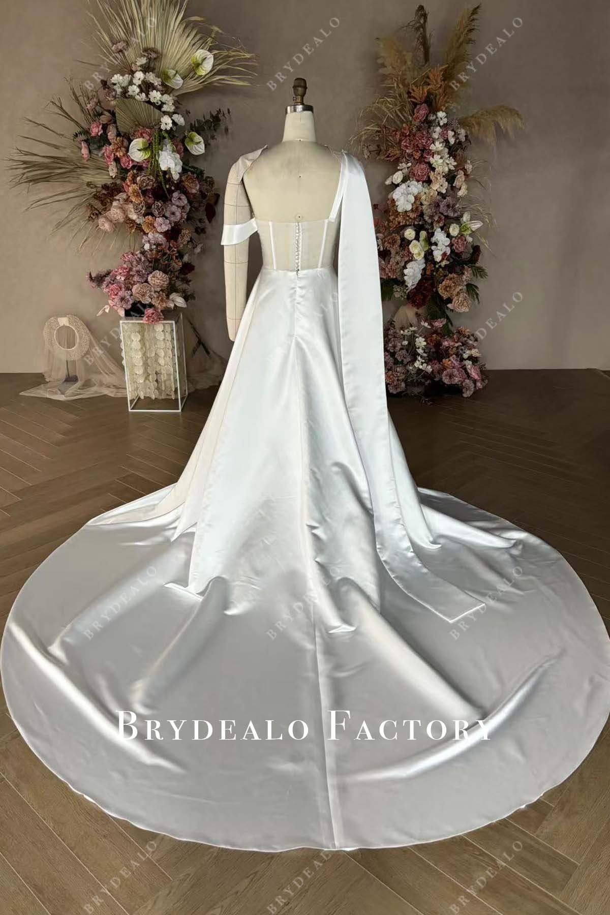 Private Label Custom Flowers One Shoulder Satin Wedding Dress