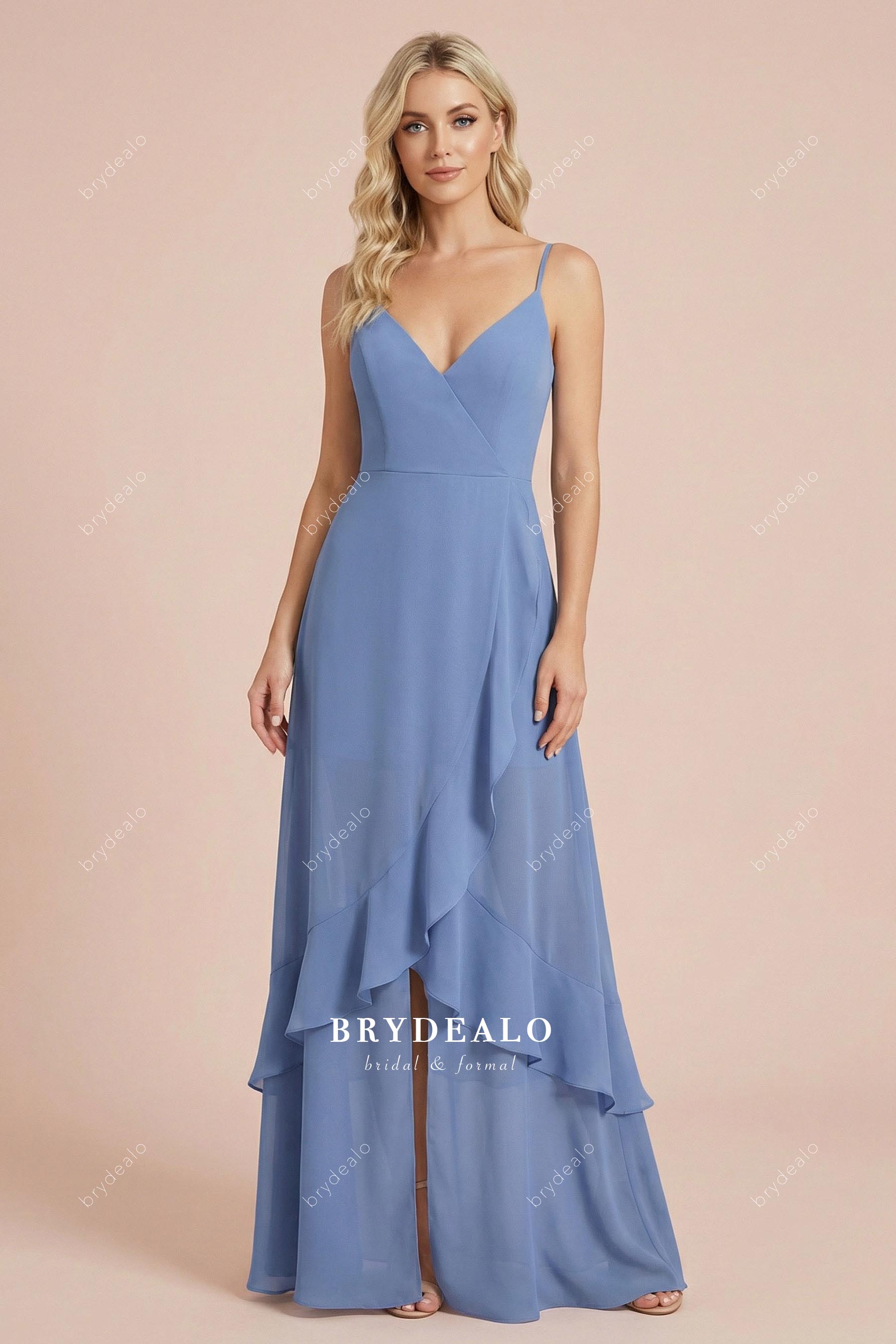 Slate Blue Spaghetti Straps Wrap Slit Chiffon Bridesmaid Dress